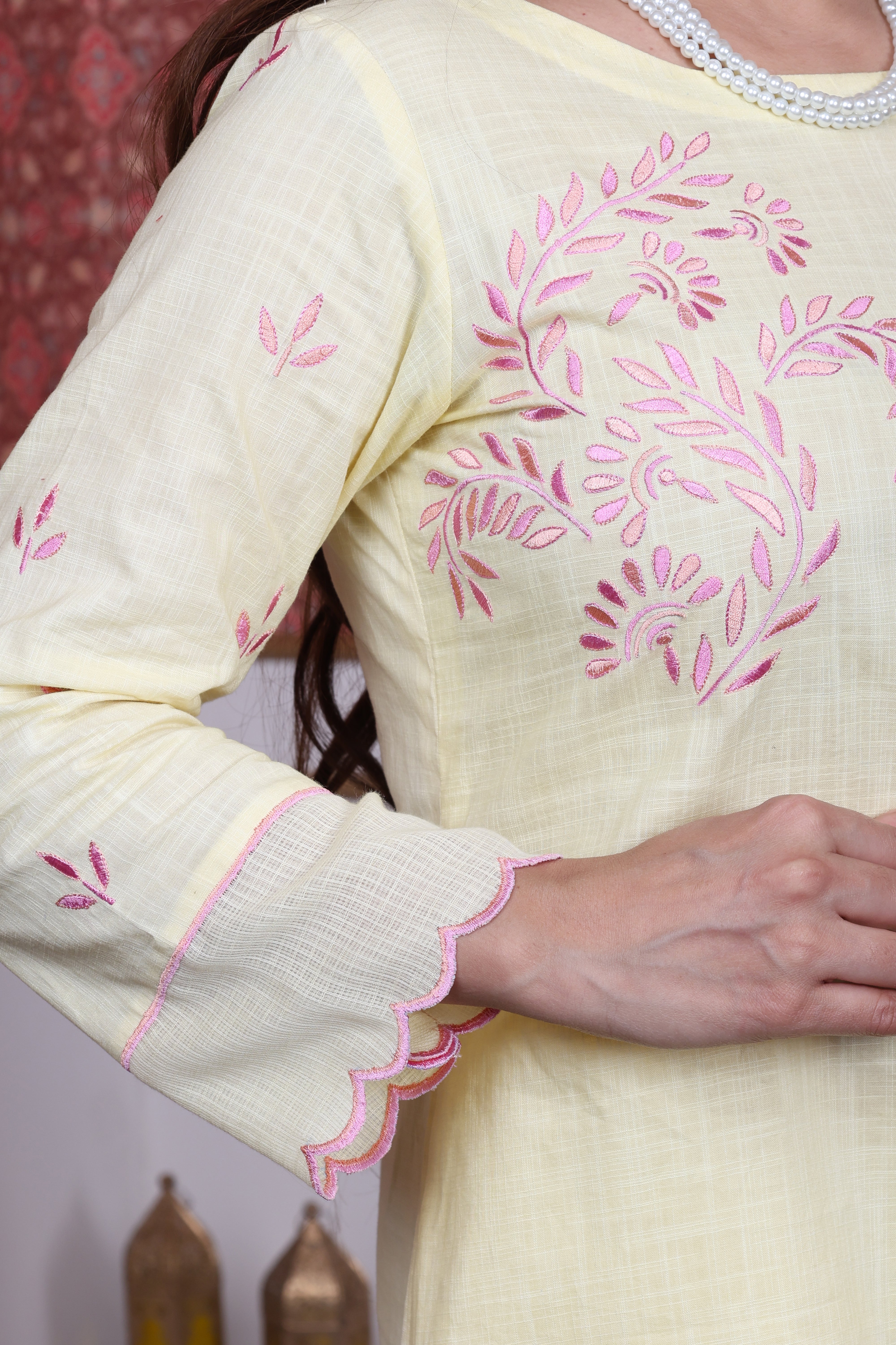 Butter Yellow Cotton Slub Kurta Set with Floral Embroidery and Pink Piping