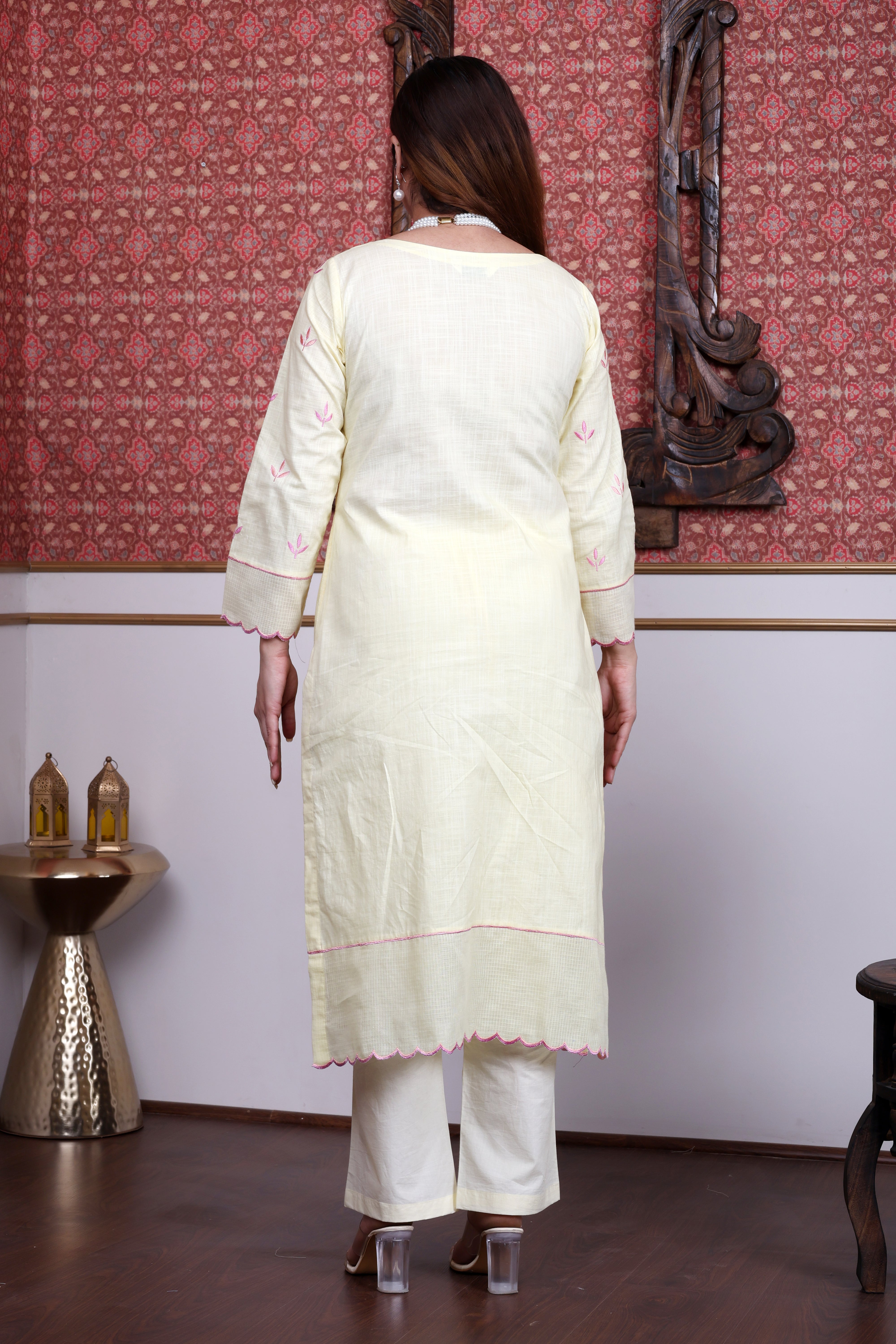 Butter Yellow Cotton Slub Kurta Set with Floral Embroidery and Pink Piping