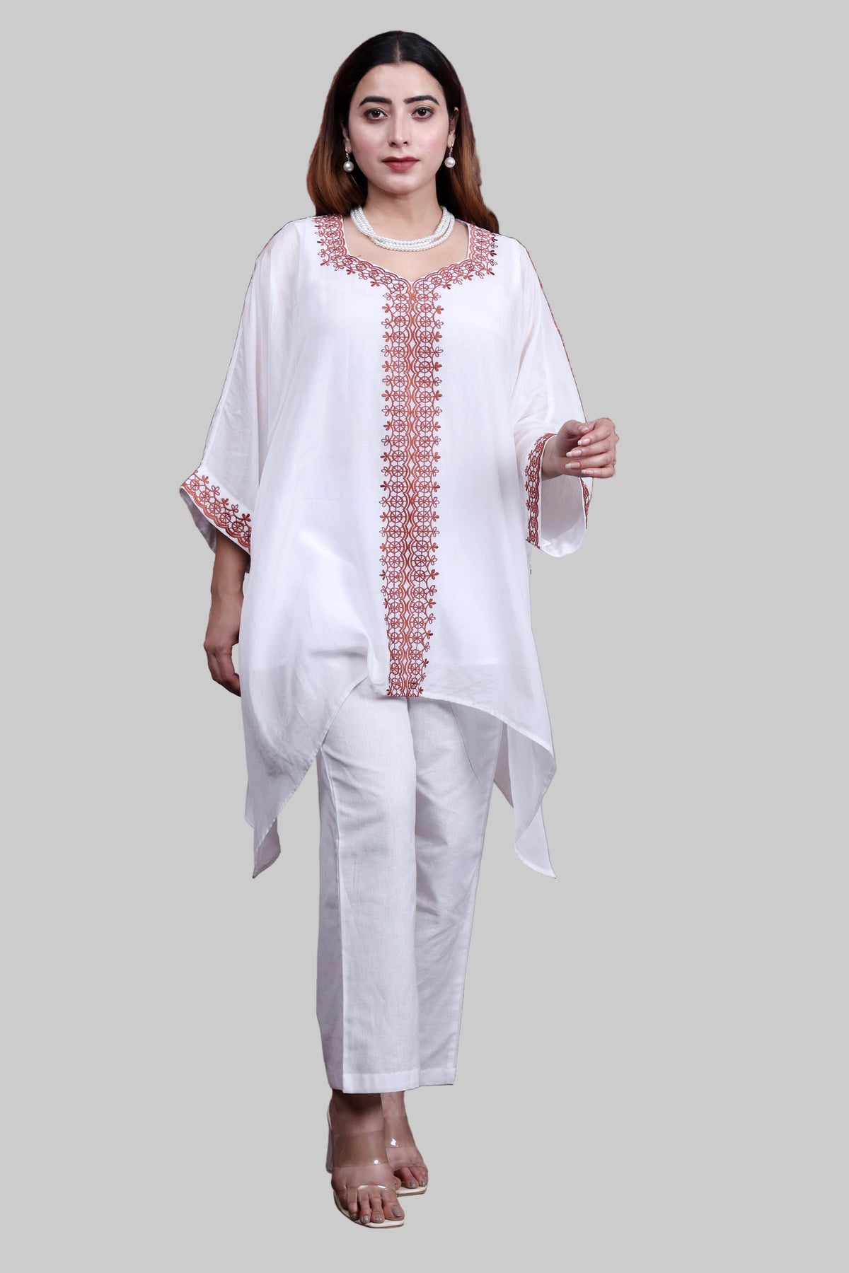 White Sustainable Chanderi Kaftan with Embroidery (Free Size, Anti-Fit)