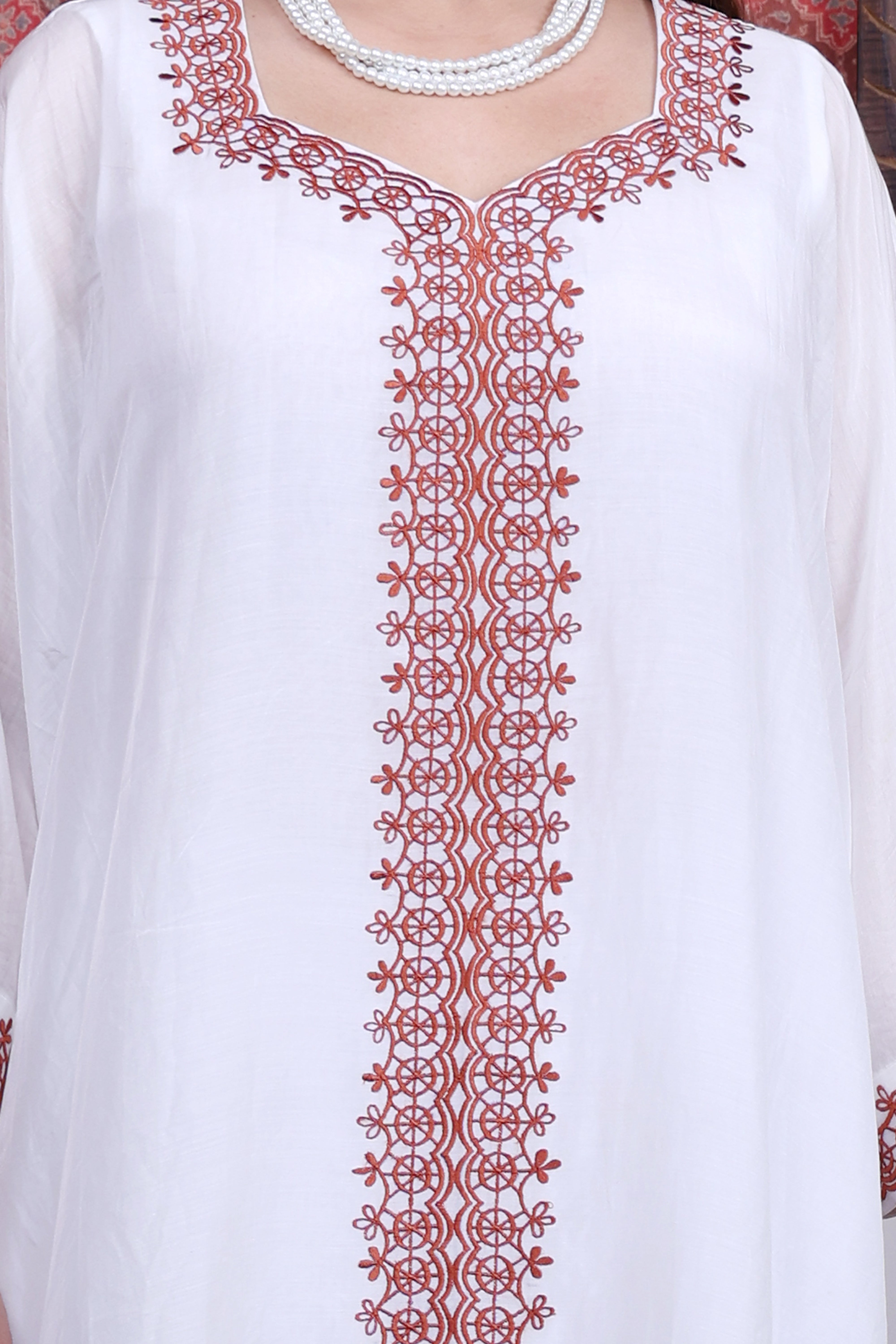 White Sustainable Chanderi Kaftan with Embroidery (Free Size, Anti-Fit)