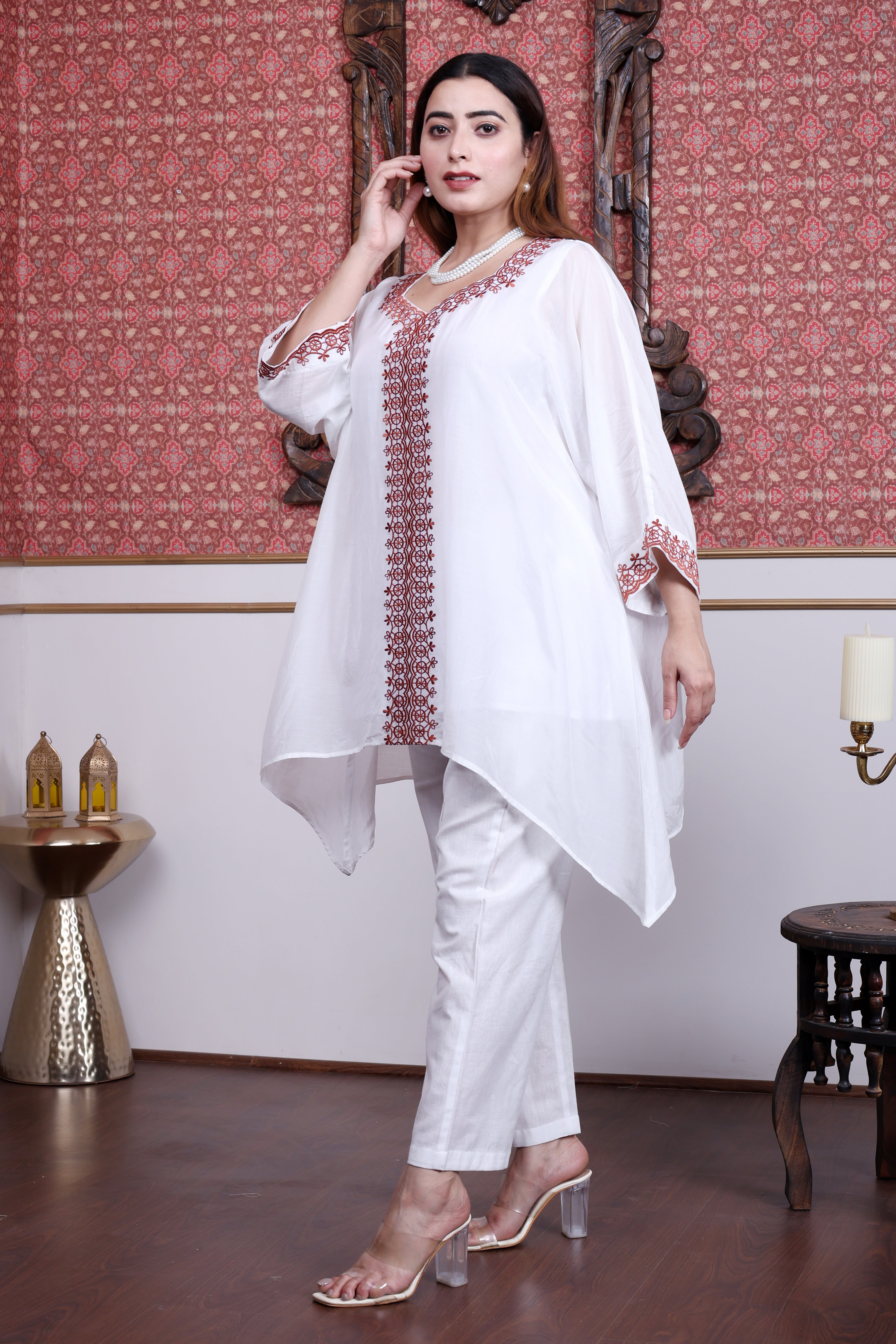 White Sustainable Chanderi Kaftan with Embroidery (Free Size, Anti-Fit)