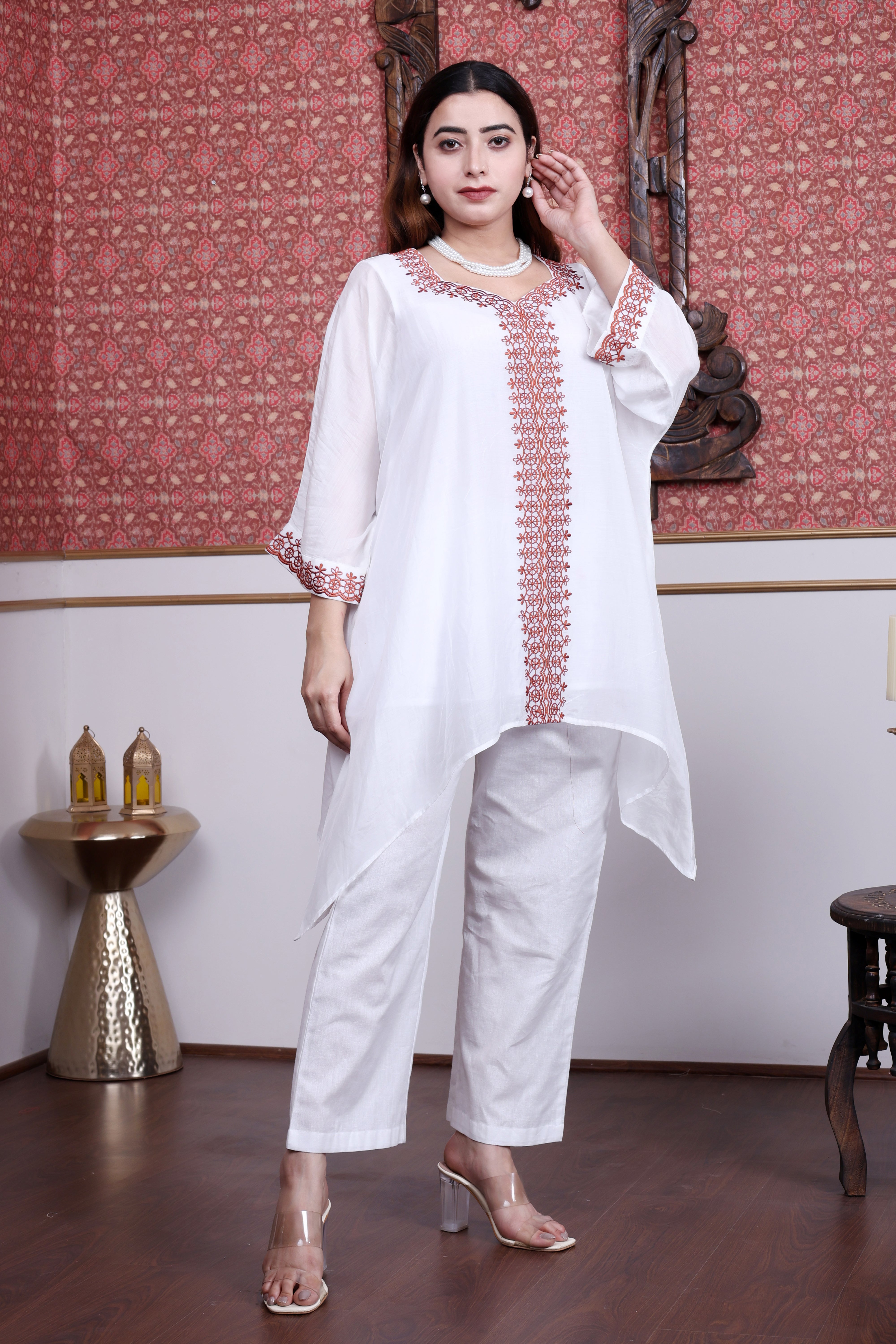 White Sustainable Chanderi Kaftan with Embroidery (Free Size, Anti-Fit)