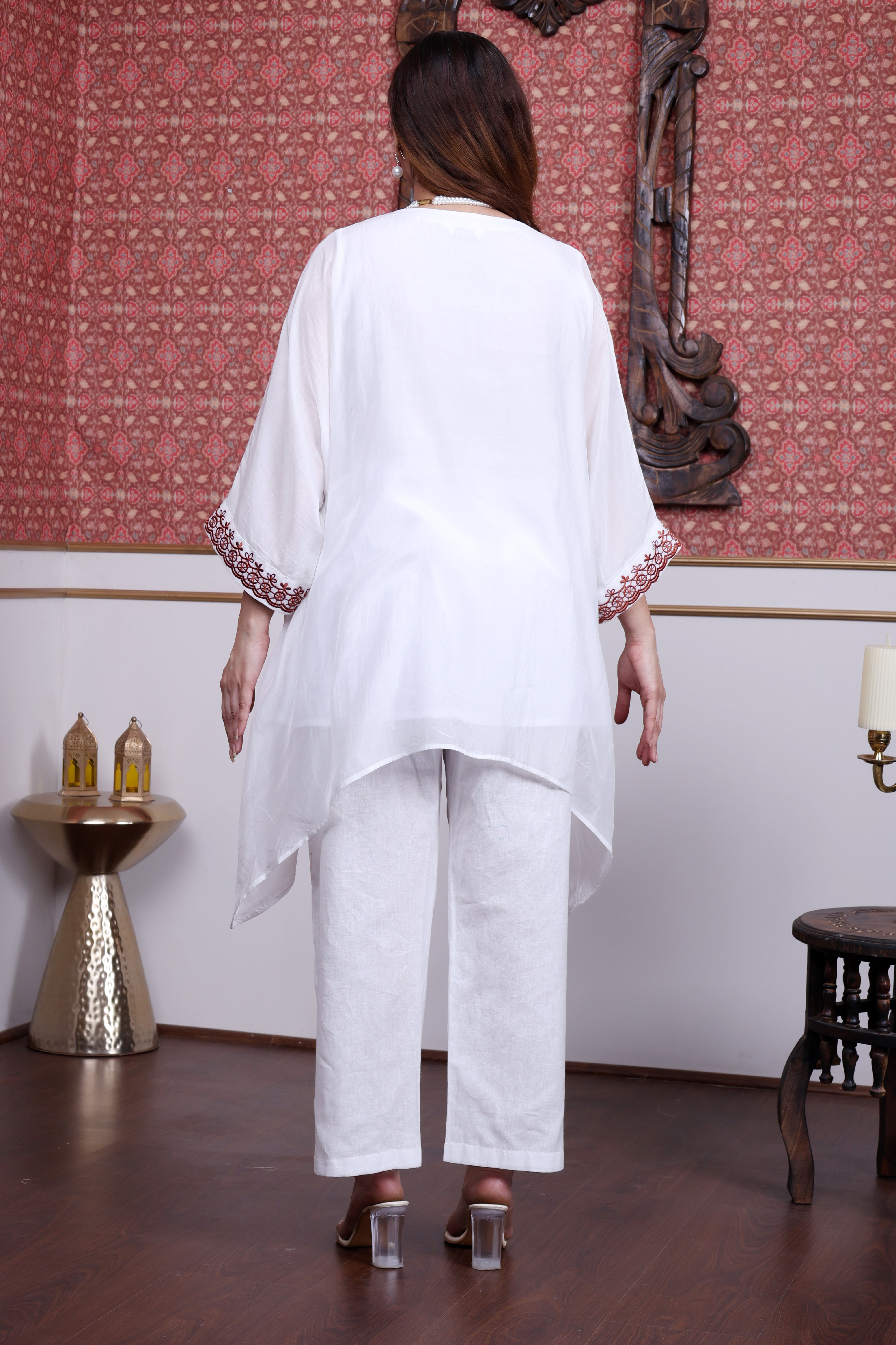 White Sustainable Chanderi Kaftan with Embroidery (Free Size, Anti-Fit)