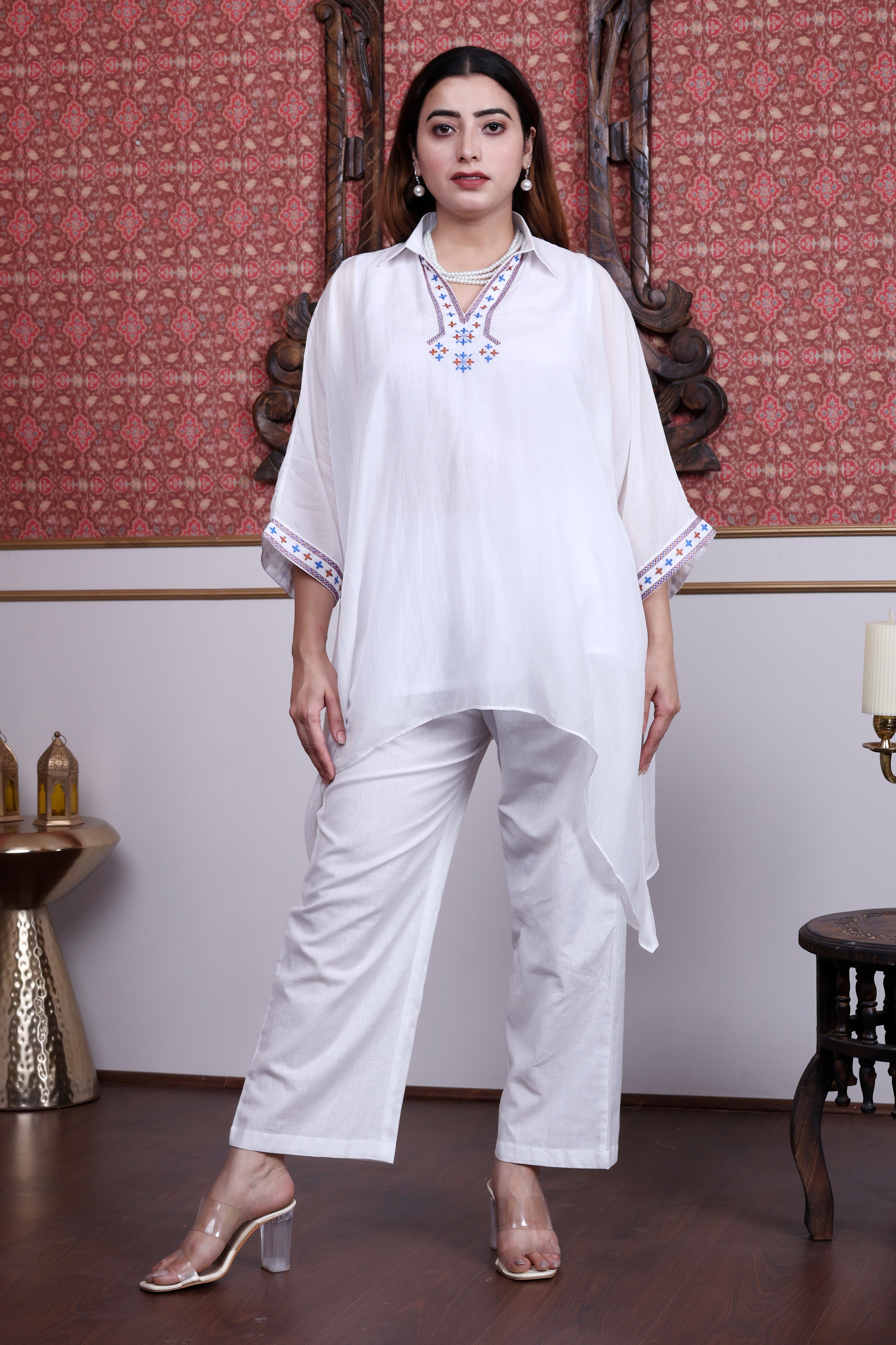White Sustainable Chanderi Kaftan with Multi-Color Hand Embroidery