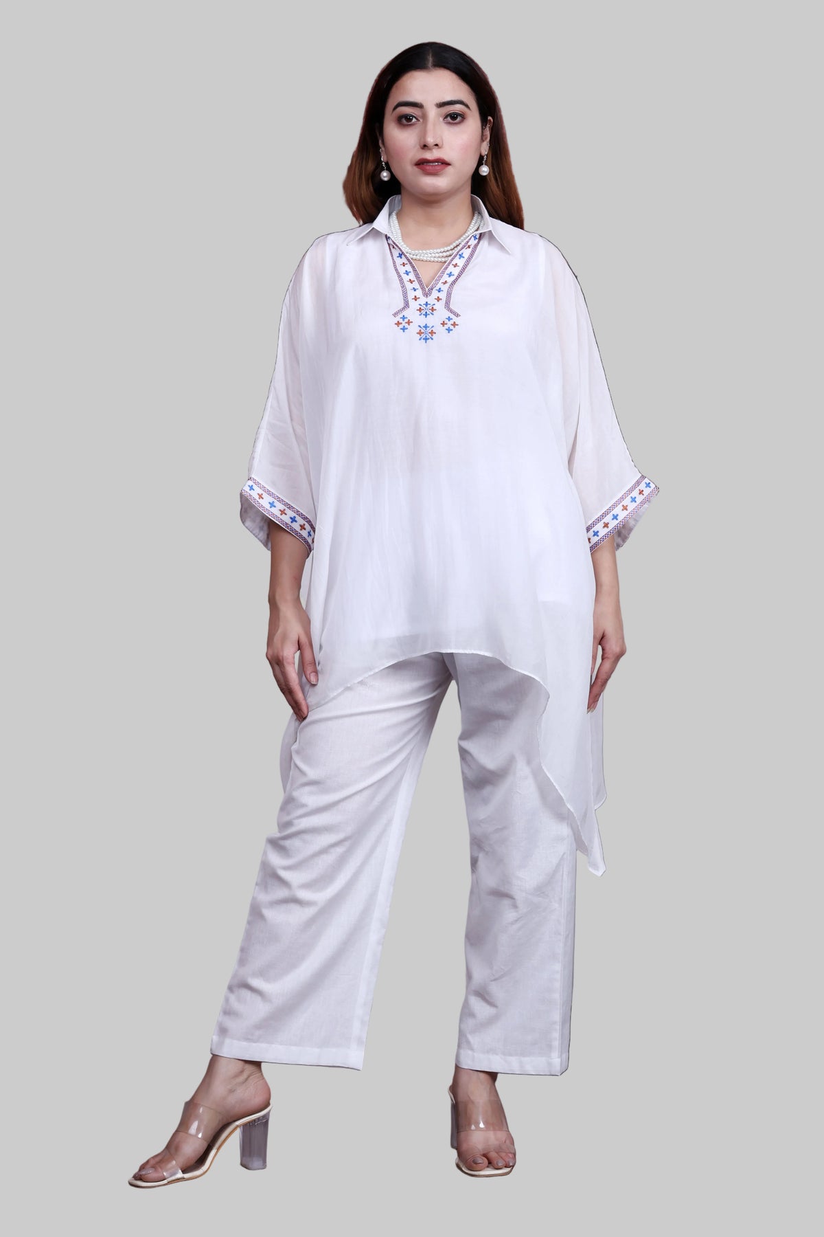 White Sustainable Chanderi Kaftan with Multi-Color Hand Embroidery