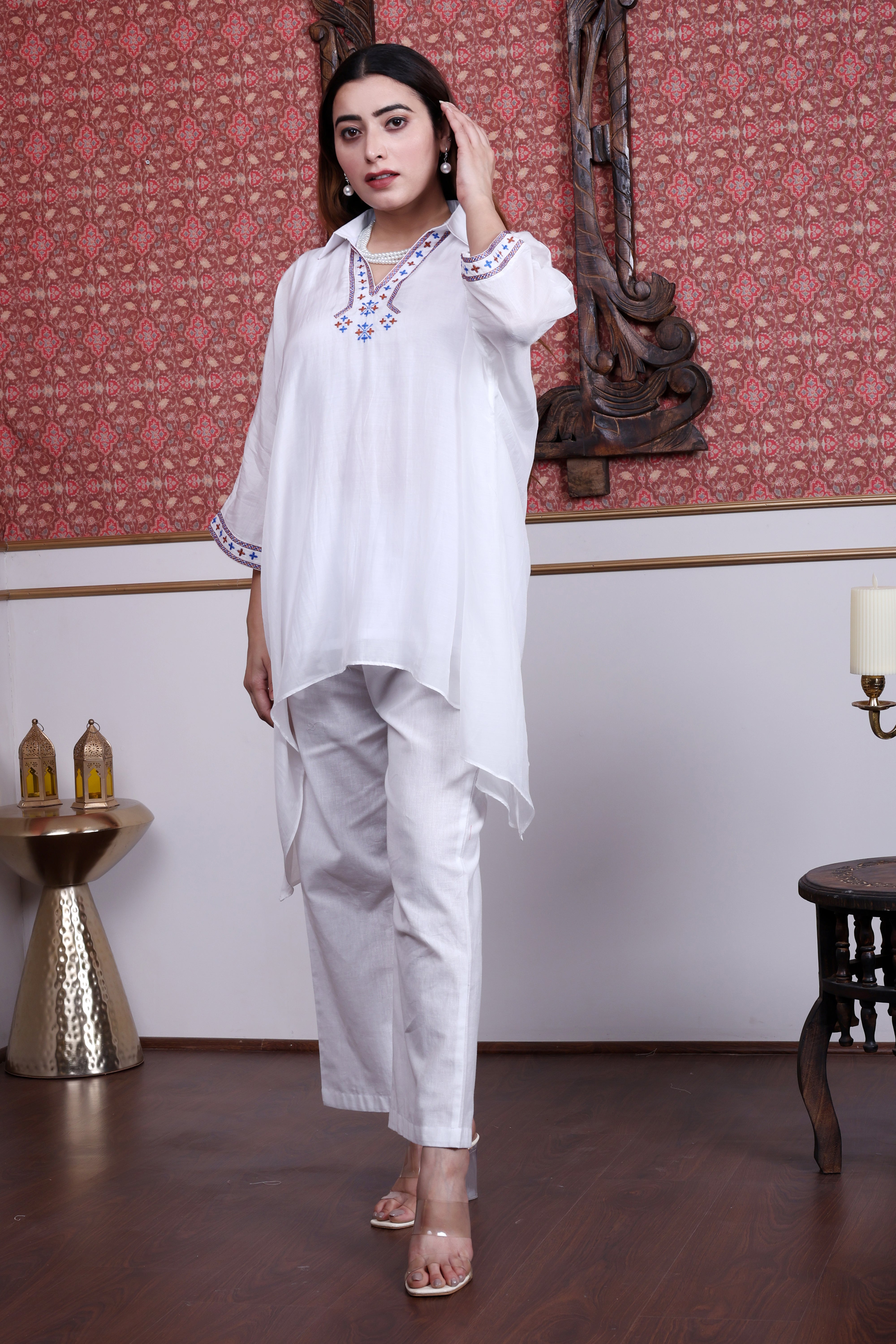 White Sustainable Chanderi Kaftan with Multi-Color Hand Embroidery