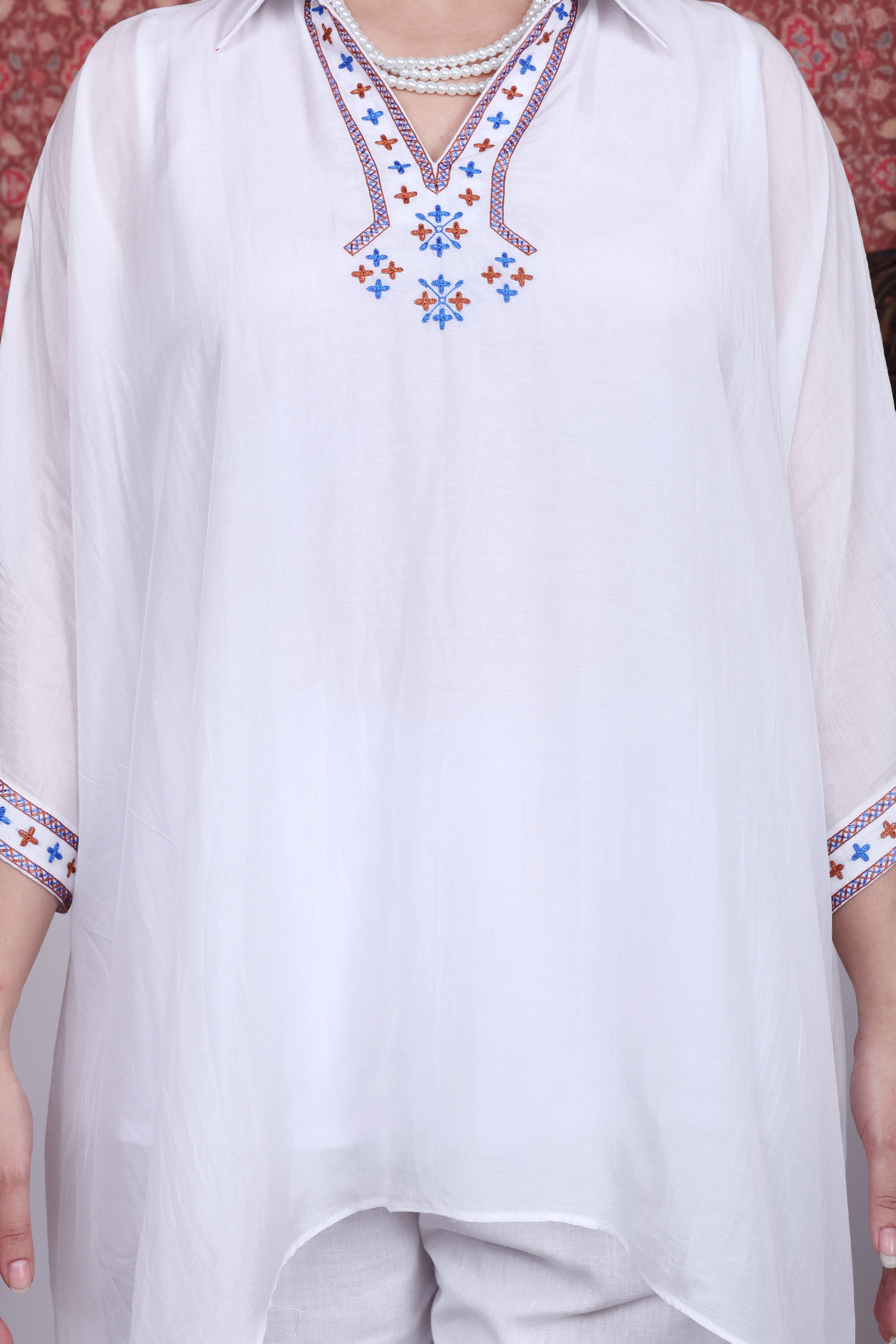 White Sustainable Chanderi Kaftan with Multi-Color Hand Embroidery