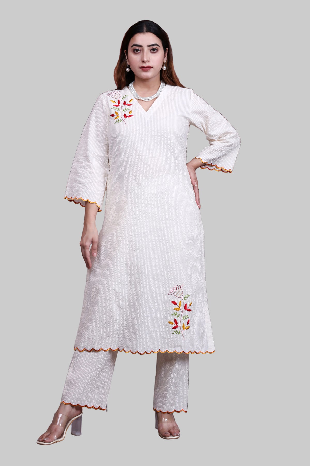 Off-White Seersucker A-Line Kurta Set with Multi-Color Hand Embroidery