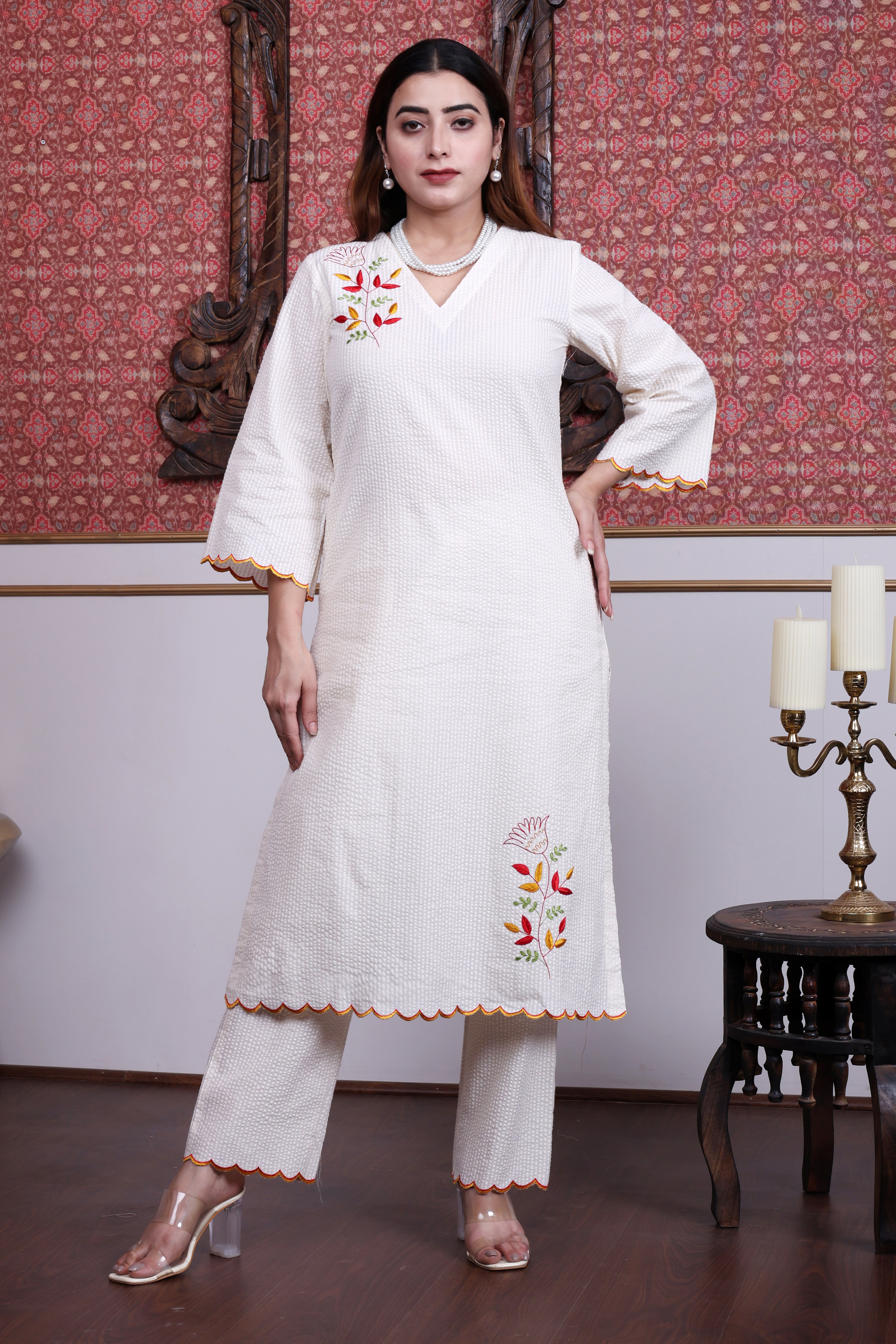 Off-White Seersucker A-Line Kurta Set with Multi-Color Hand Embroidery