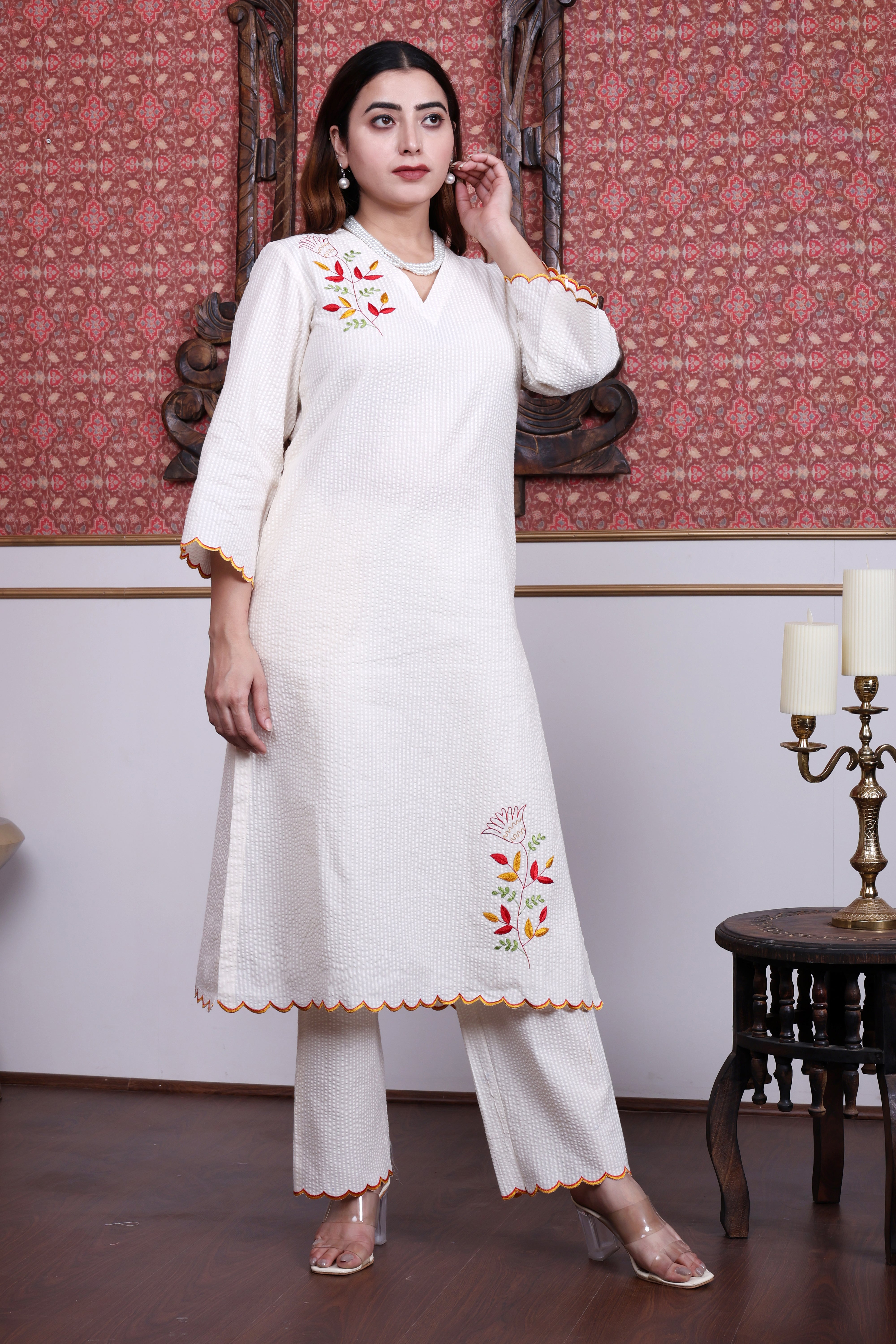 Off-White Seersucker A-Line Kurta Set with Multi-Color Hand Embroidery