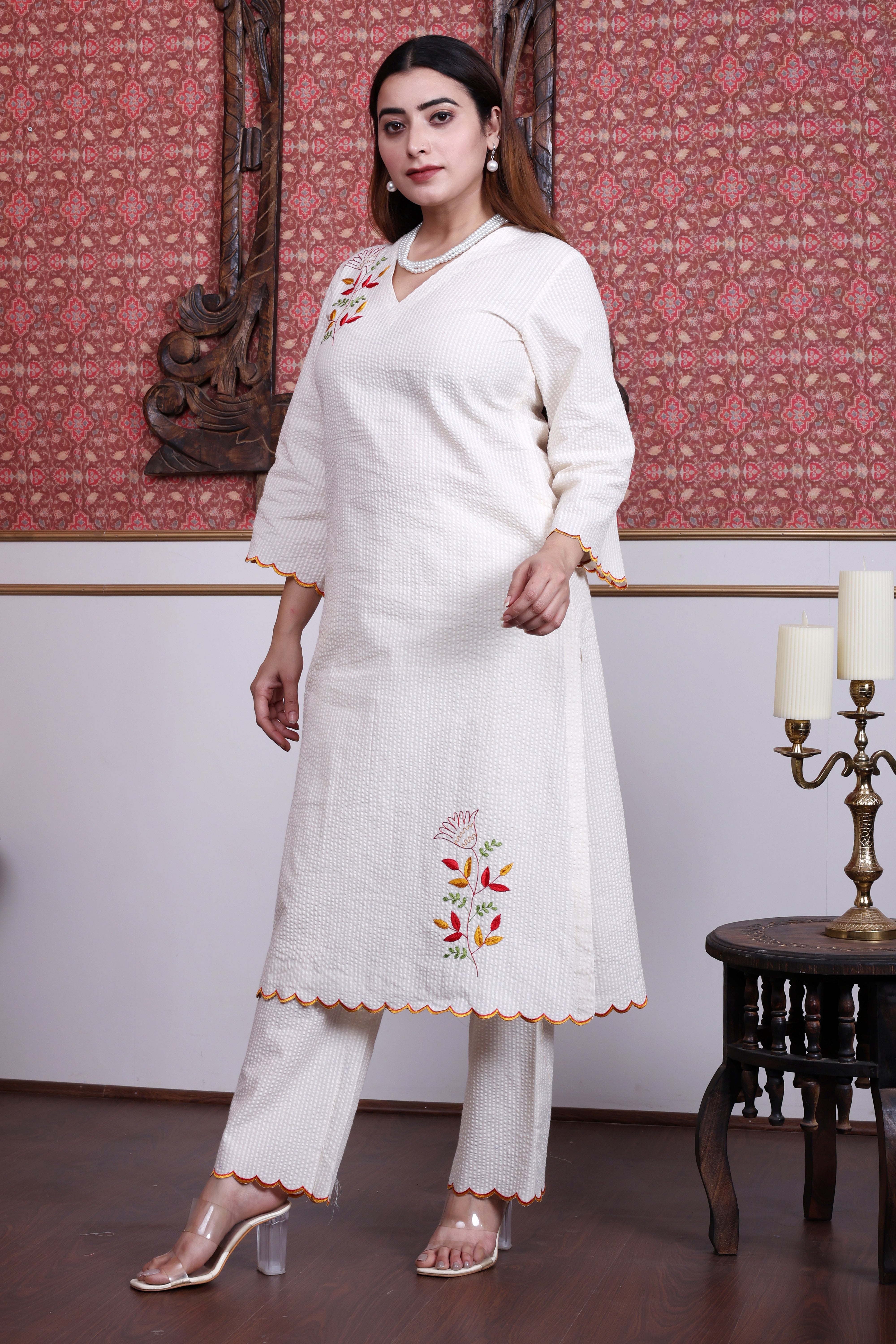 Off-White Seersucker A-Line Kurta Set with Multi-Color Hand Embroidery