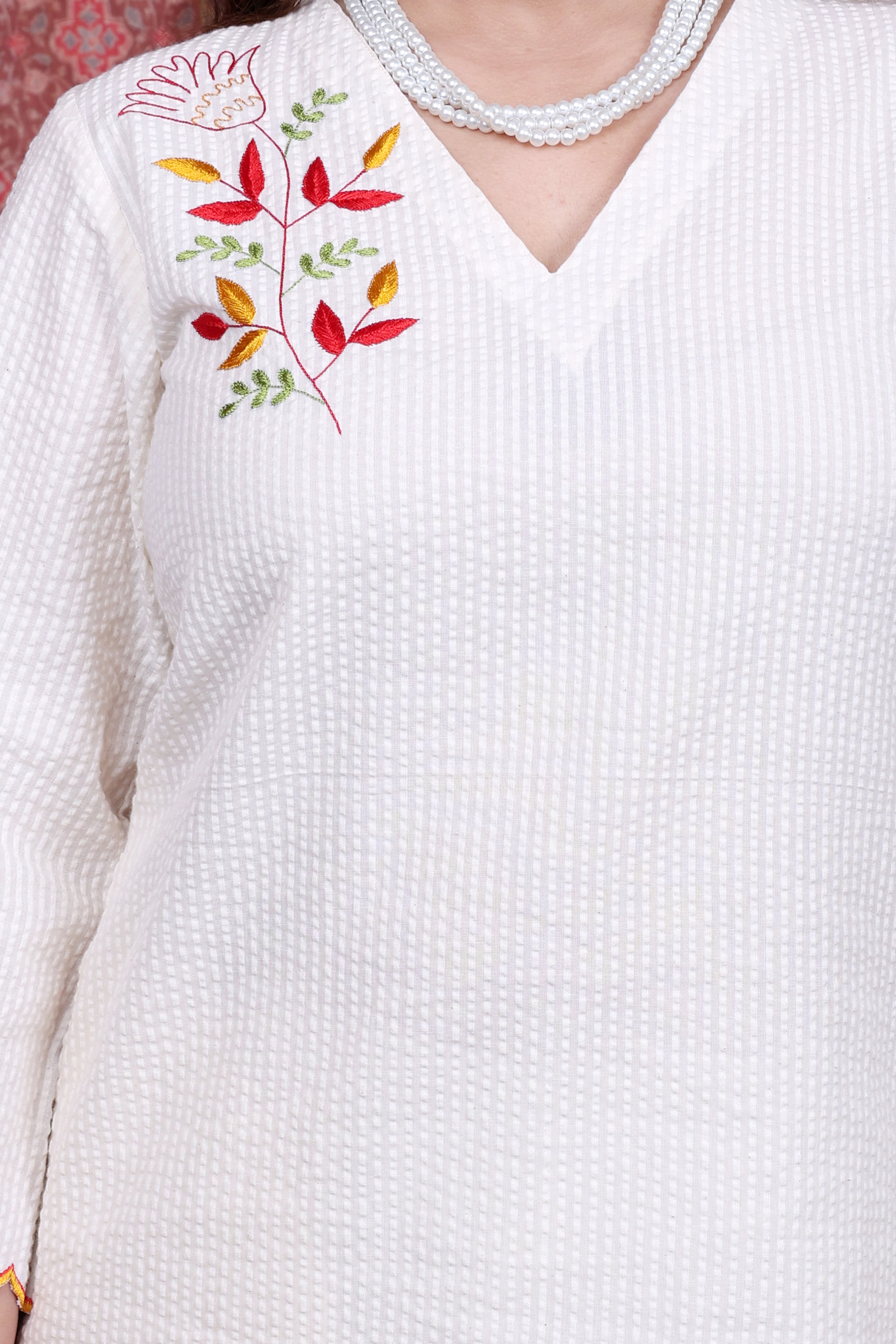 Off-White Seersucker A-Line Kurta Set with Multi-Color Hand Embroidery
