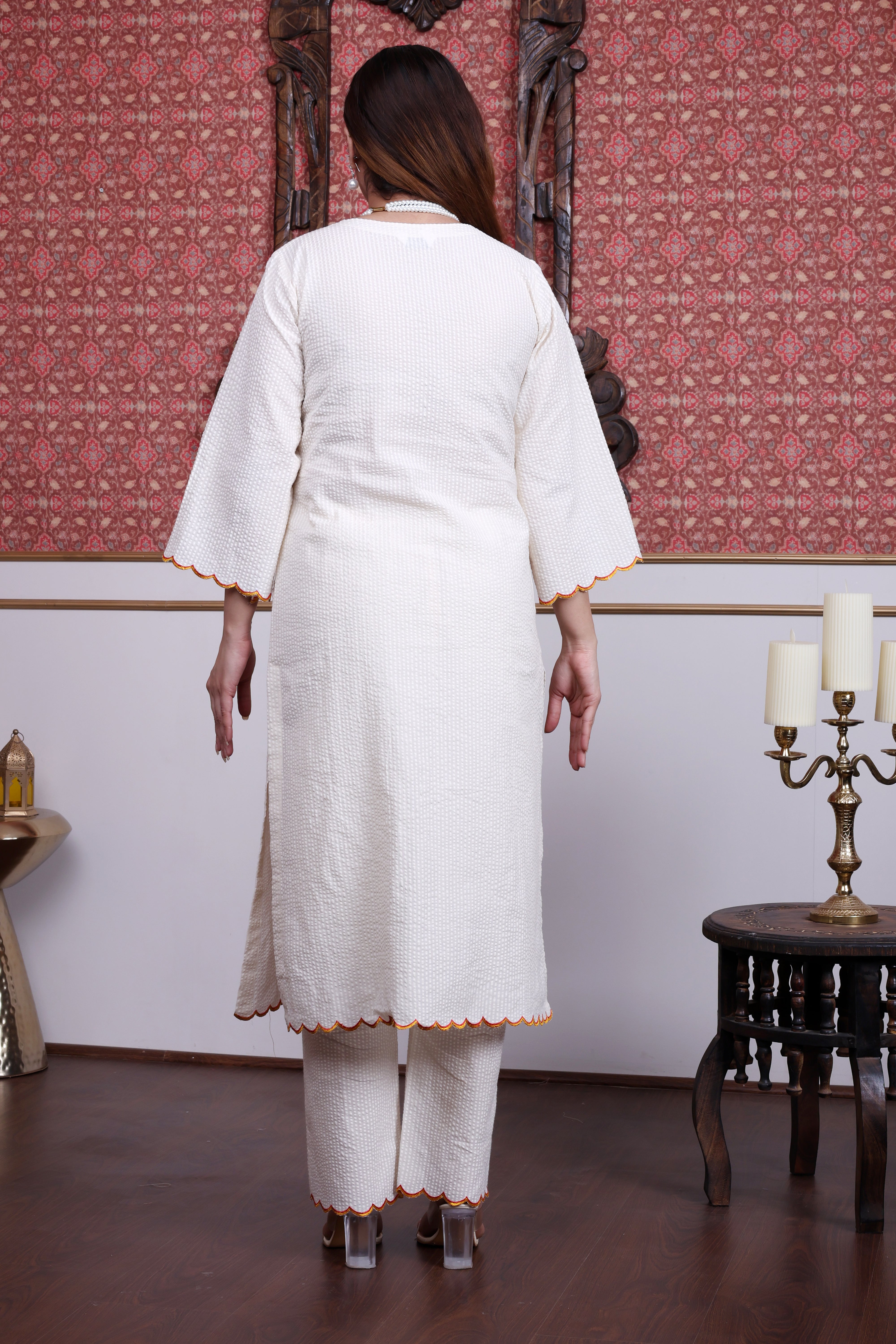 Off-White Seersucker A-Line Kurta Set with Multi-Color Hand Embroidery