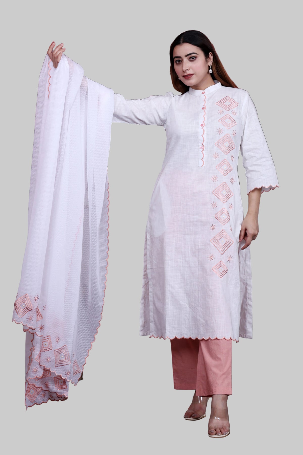 White & Peach A-Line Kurta Set with Kota Doria Dupatta and Embroidery