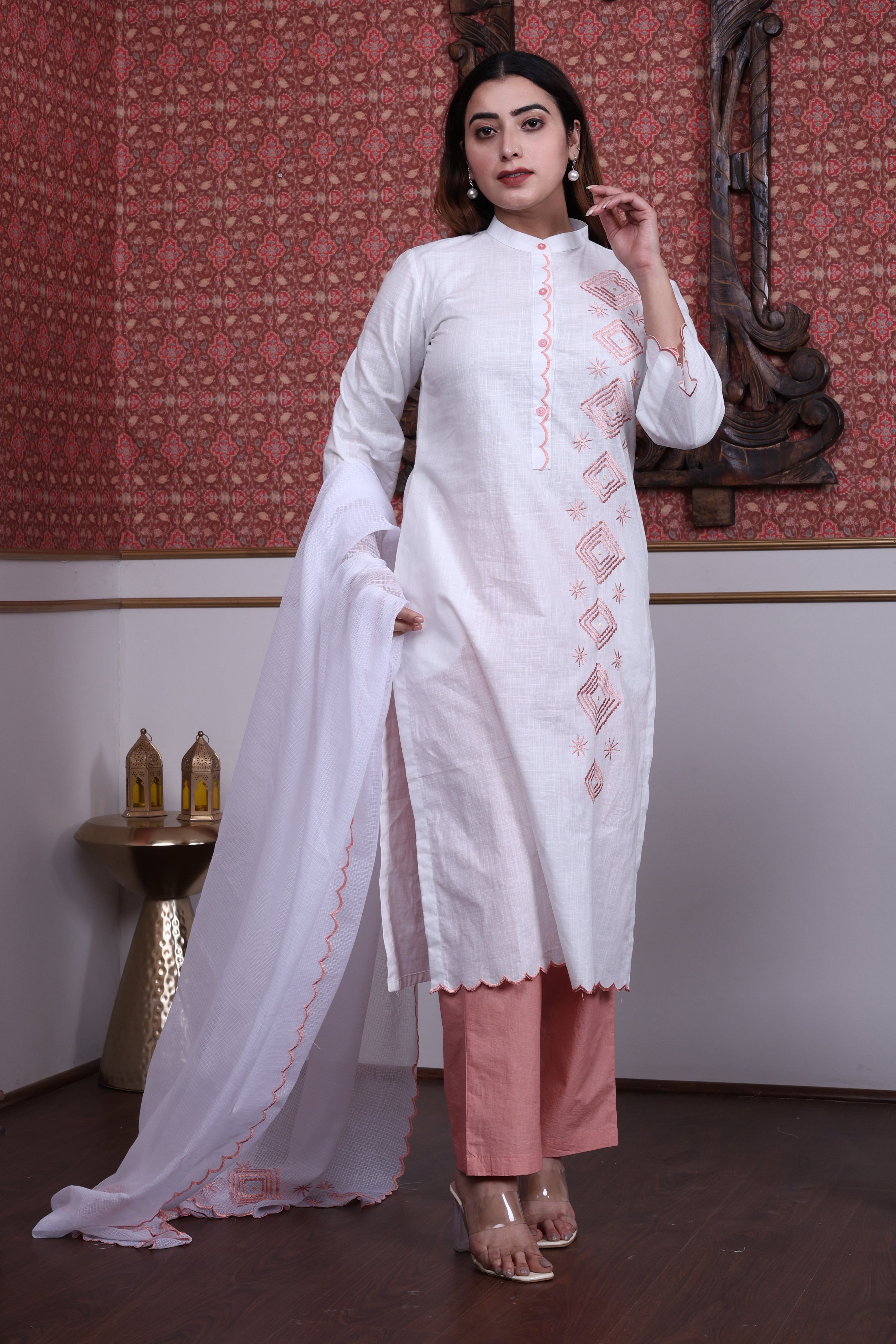 White & Peach A-Line Kurta Set with Kota Doria Dupatta and Embroidery