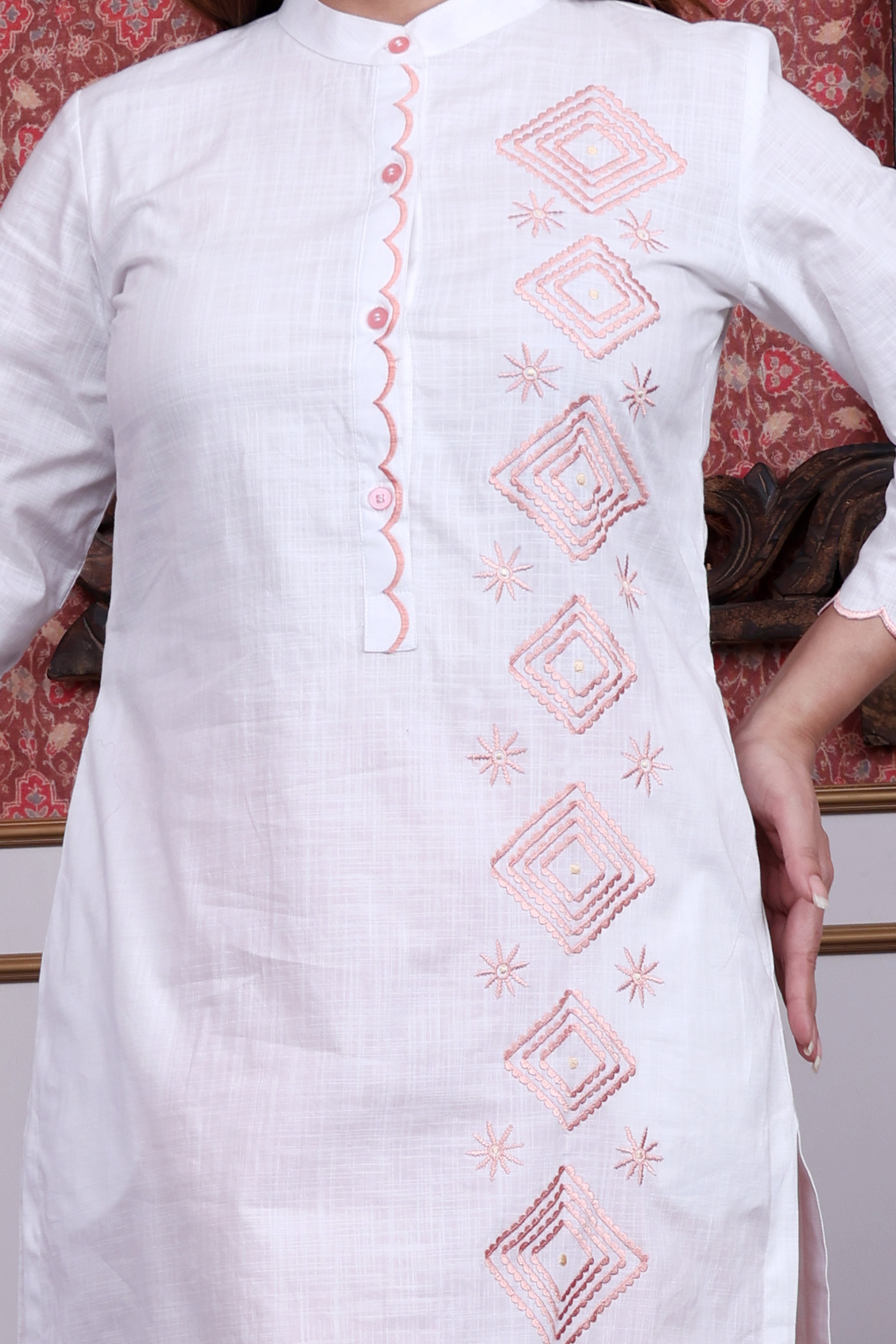 White & Peach A-Line Kurta Set with Kota Doria Dupatta and Embroidery