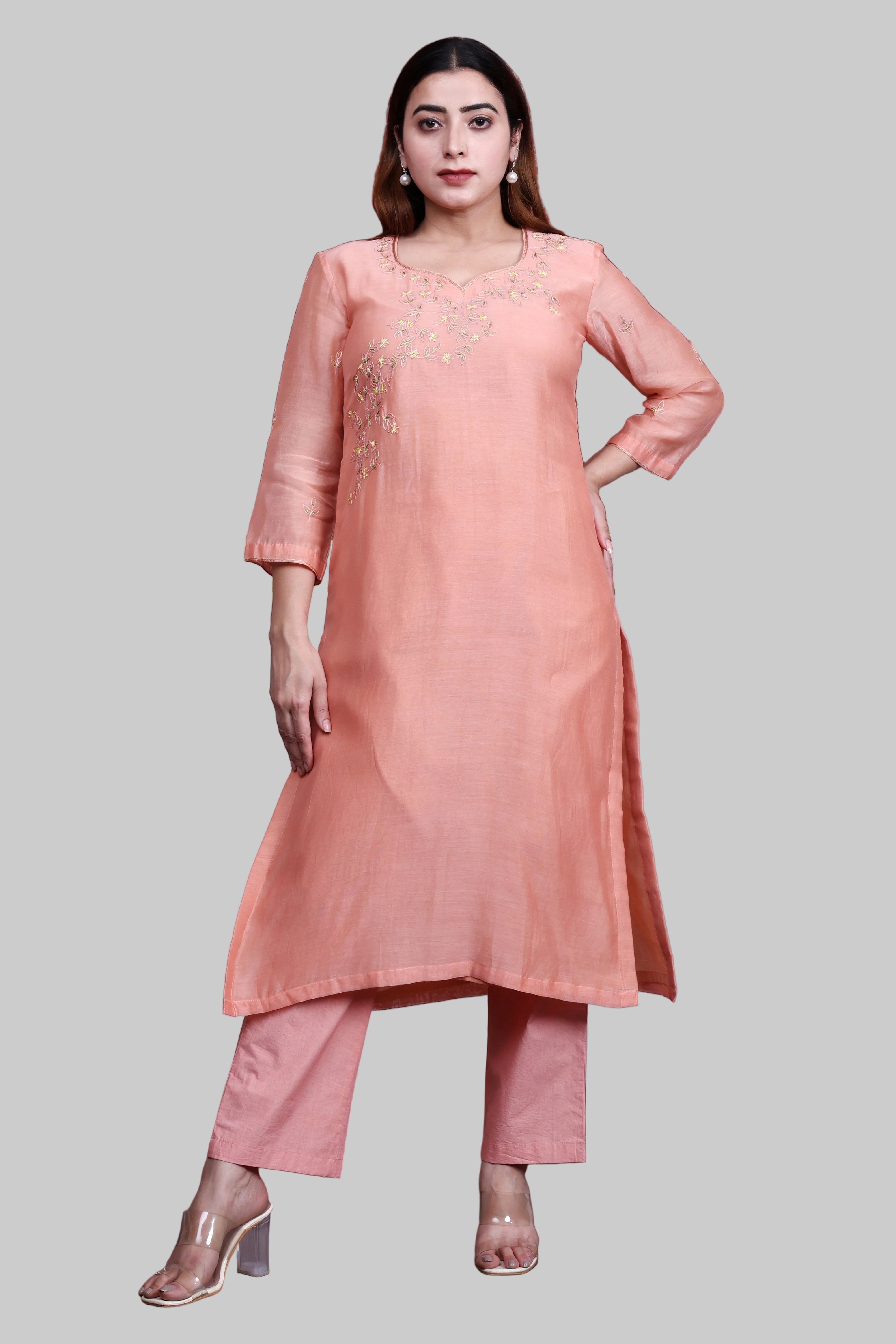 Peach Mul Chanderi A-Line Kurta Set with Poplin Pants and Neck Embroidery