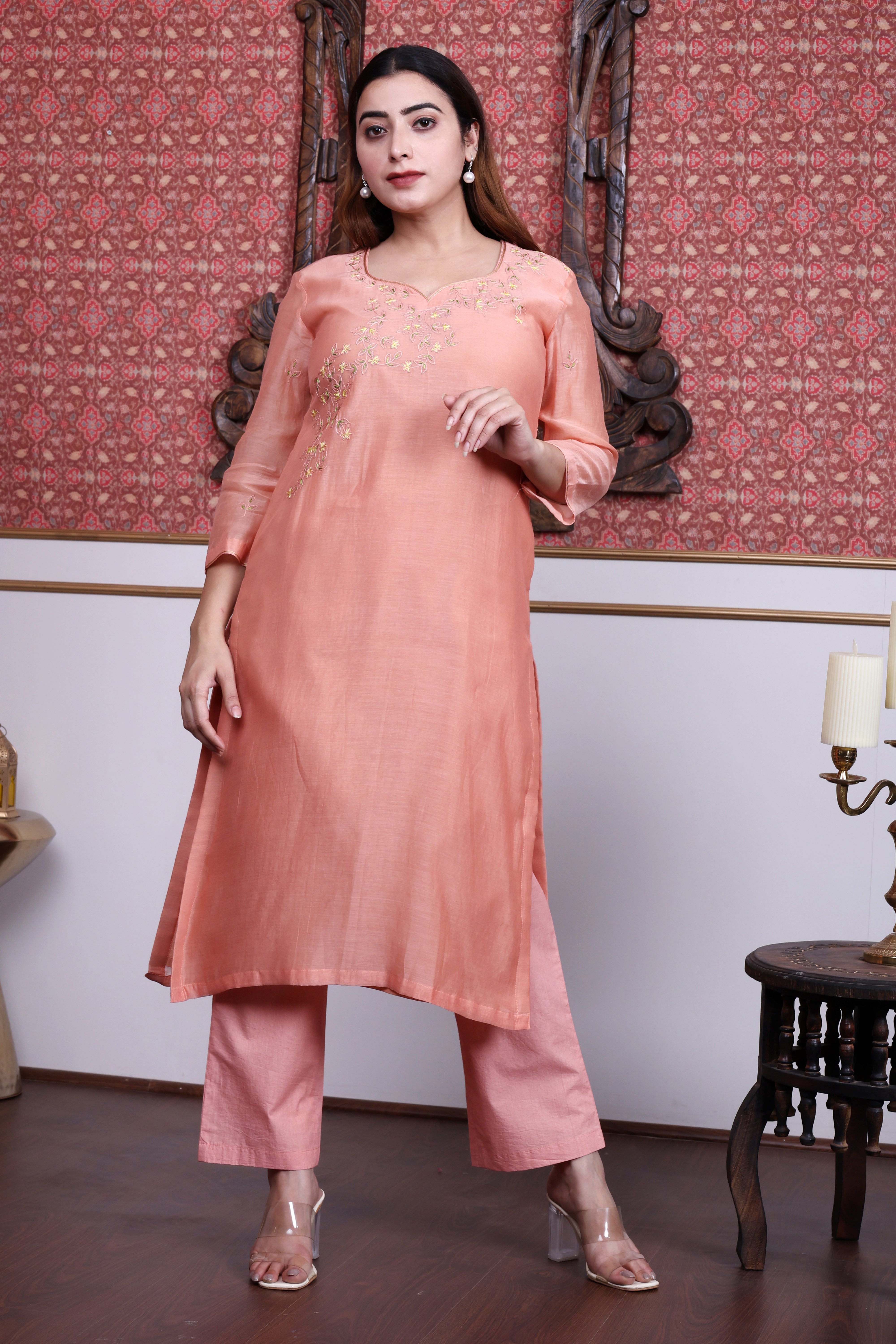 Peach Mul Chanderi A-Line Kurta Set with Poplin Pants and Neck Embroidery