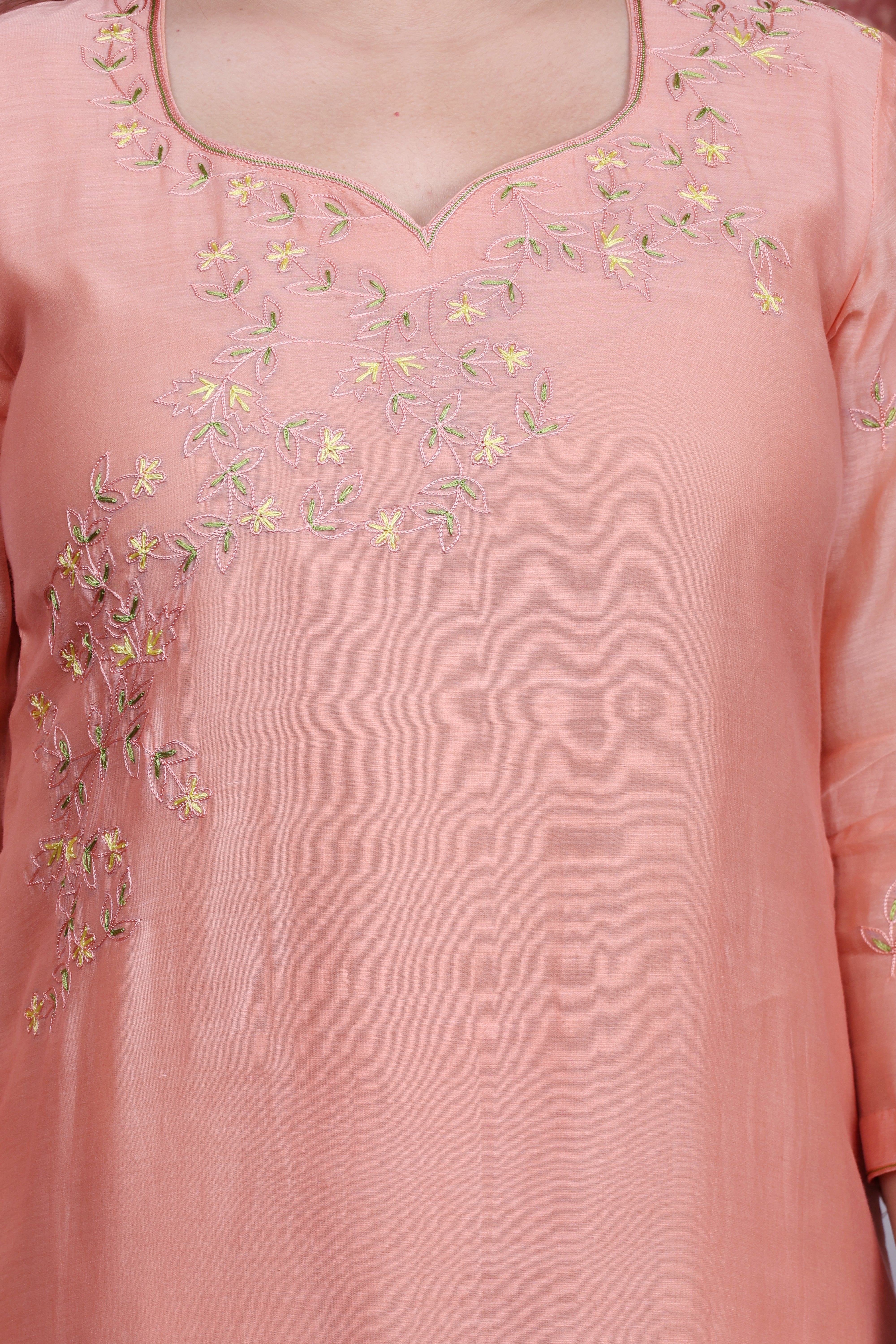 Peach Mul Chanderi A-Line Kurta Set with Poplin Pants and Neck Embroidery