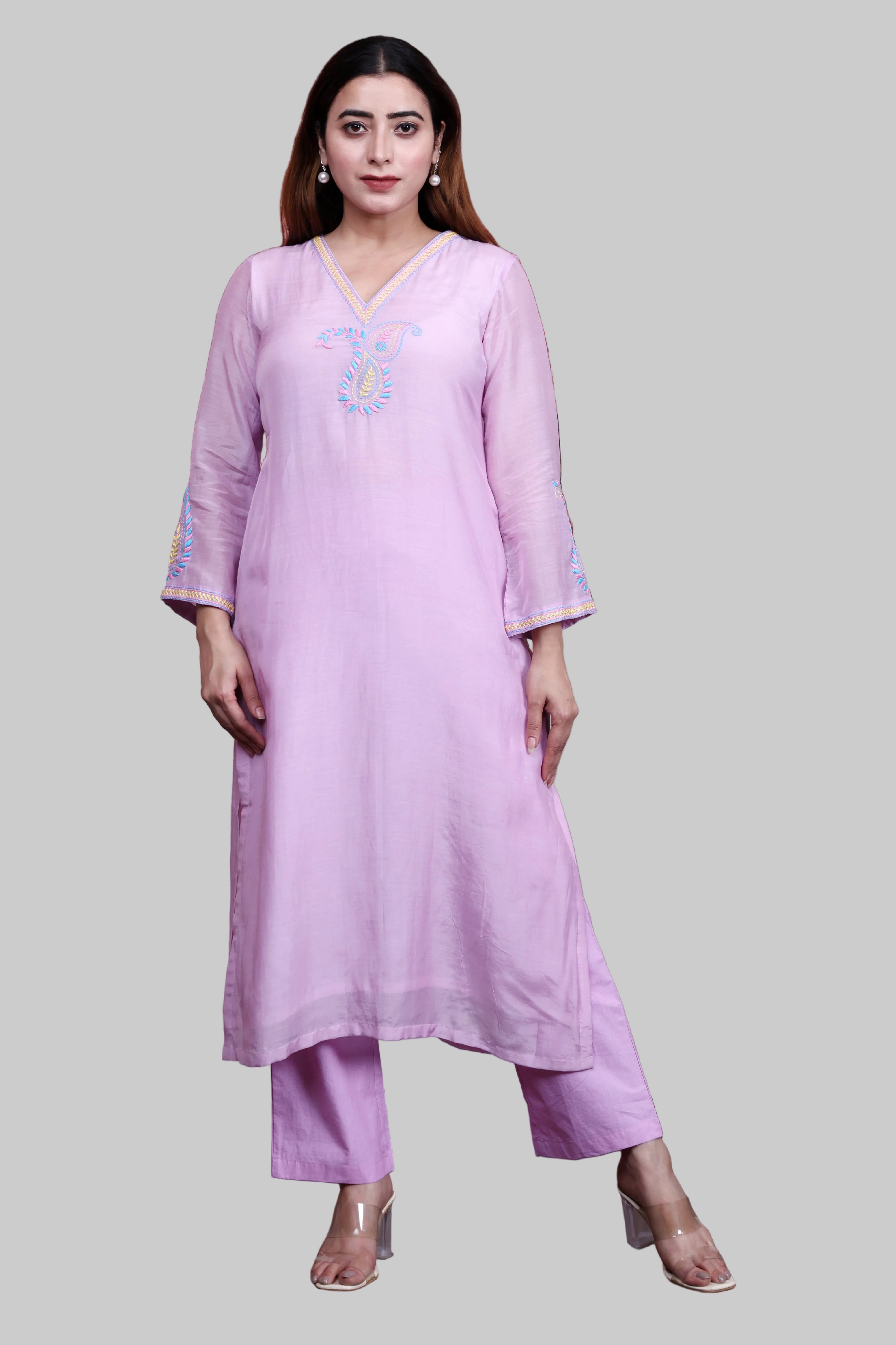 Mauve Mul Chanderi A-Line Kurta Set with Paisley Hand Embroidery