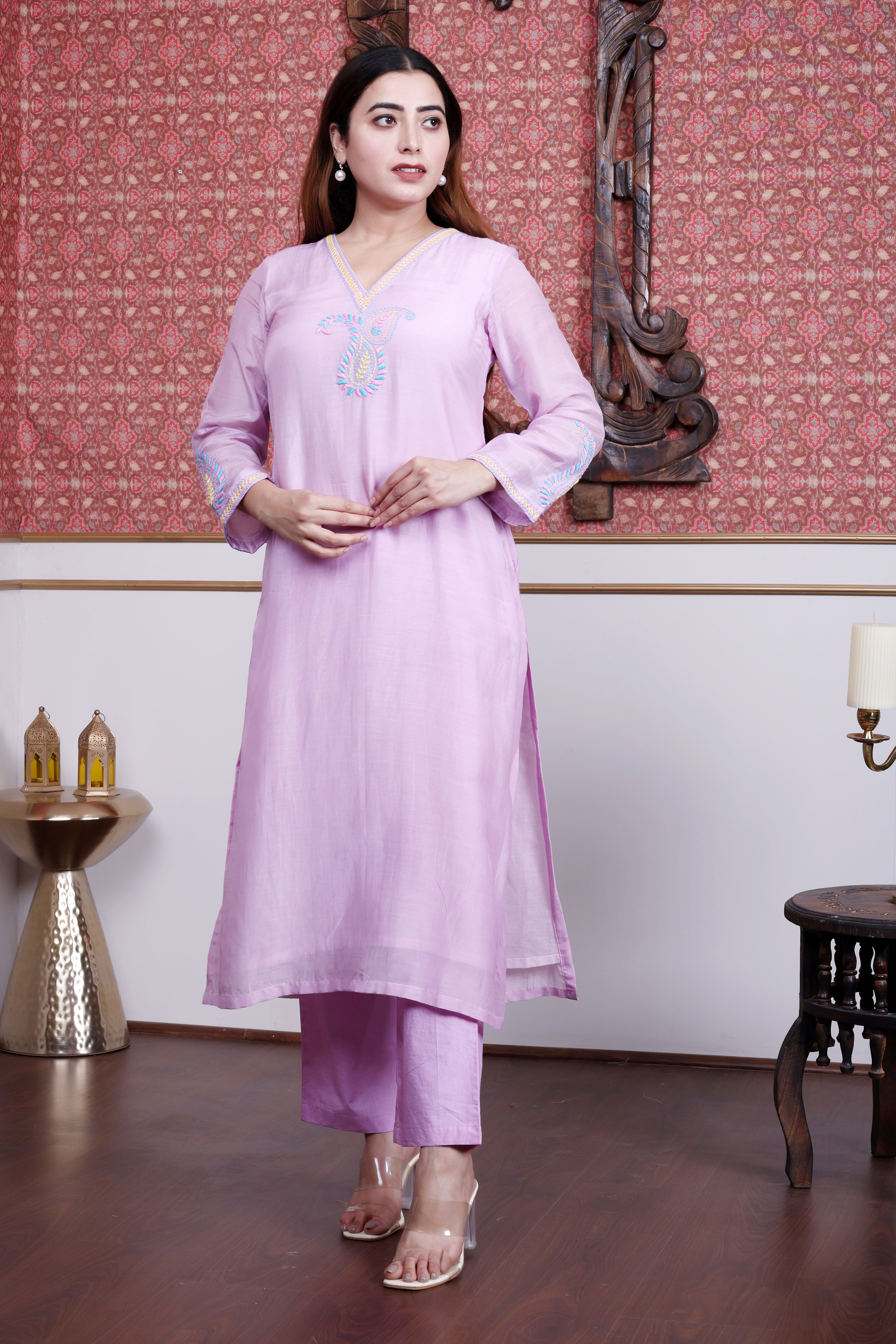 Mauve Mul Chanderi A-Line Kurta Set with Paisley Hand Embroidery