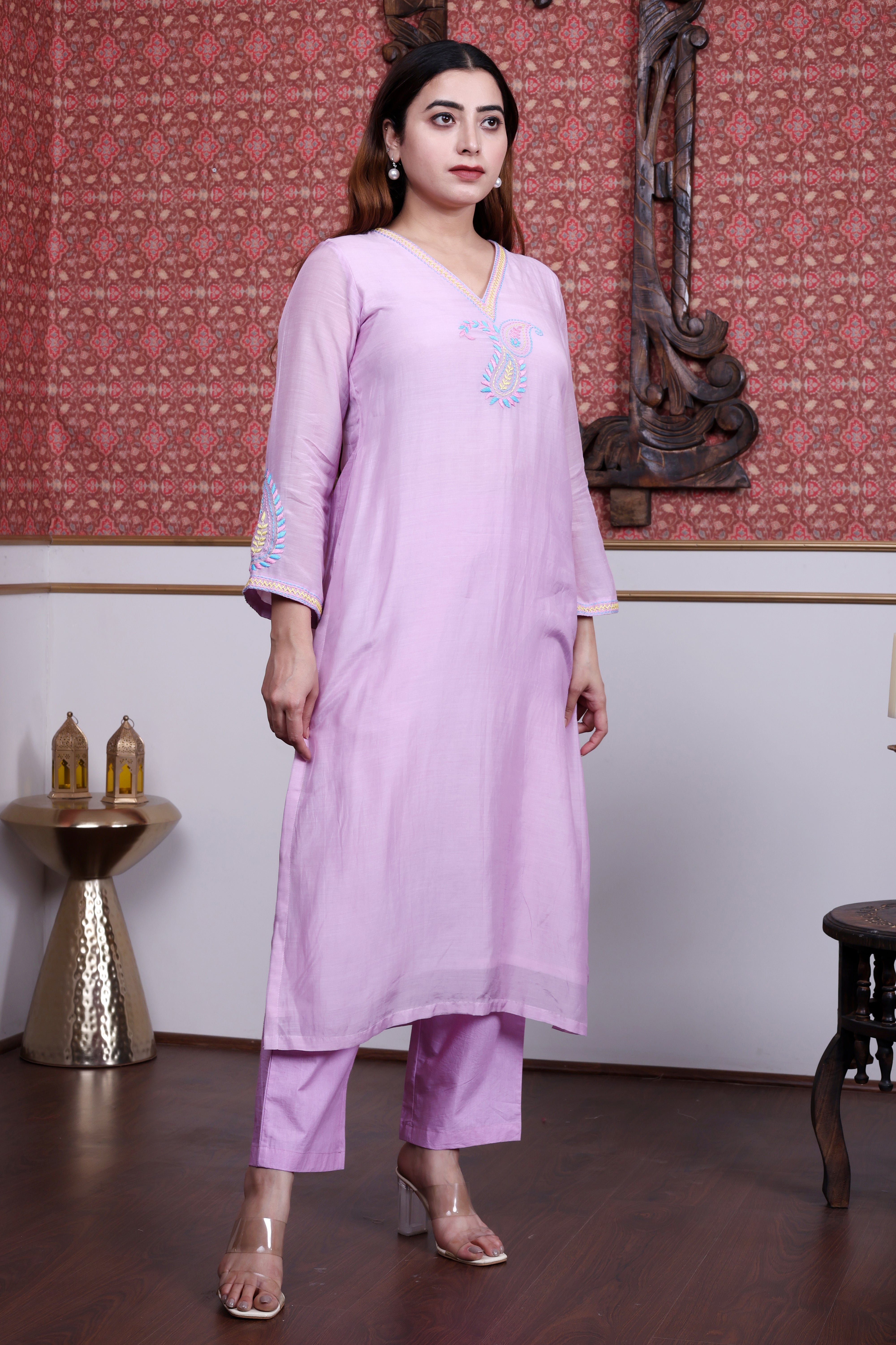 Mauve Mul Chanderi A-Line Kurta Set with Paisley Hand Embroidery