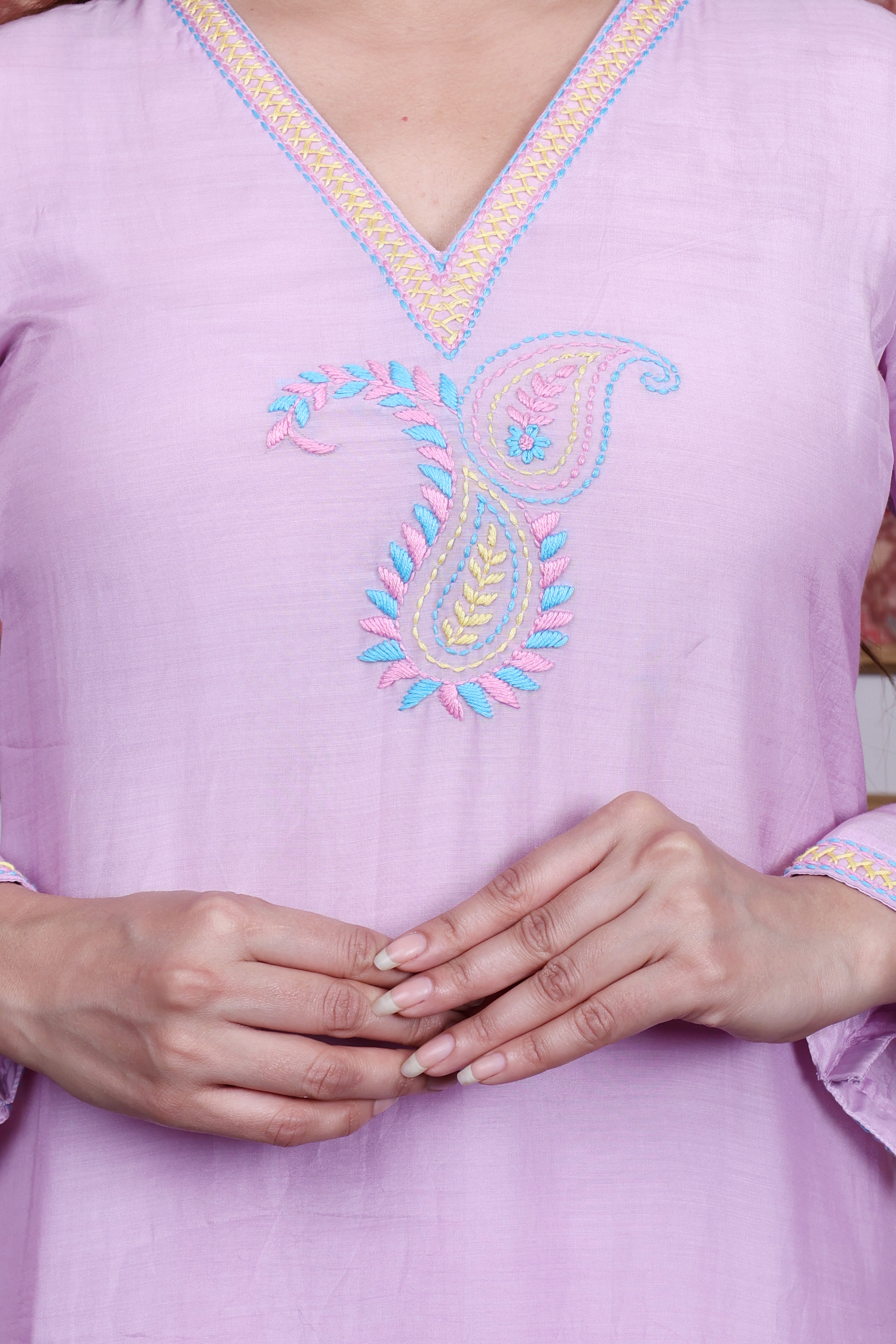 Mauve Mul Chanderi A-Line Kurta Set with Paisley Hand Embroidery