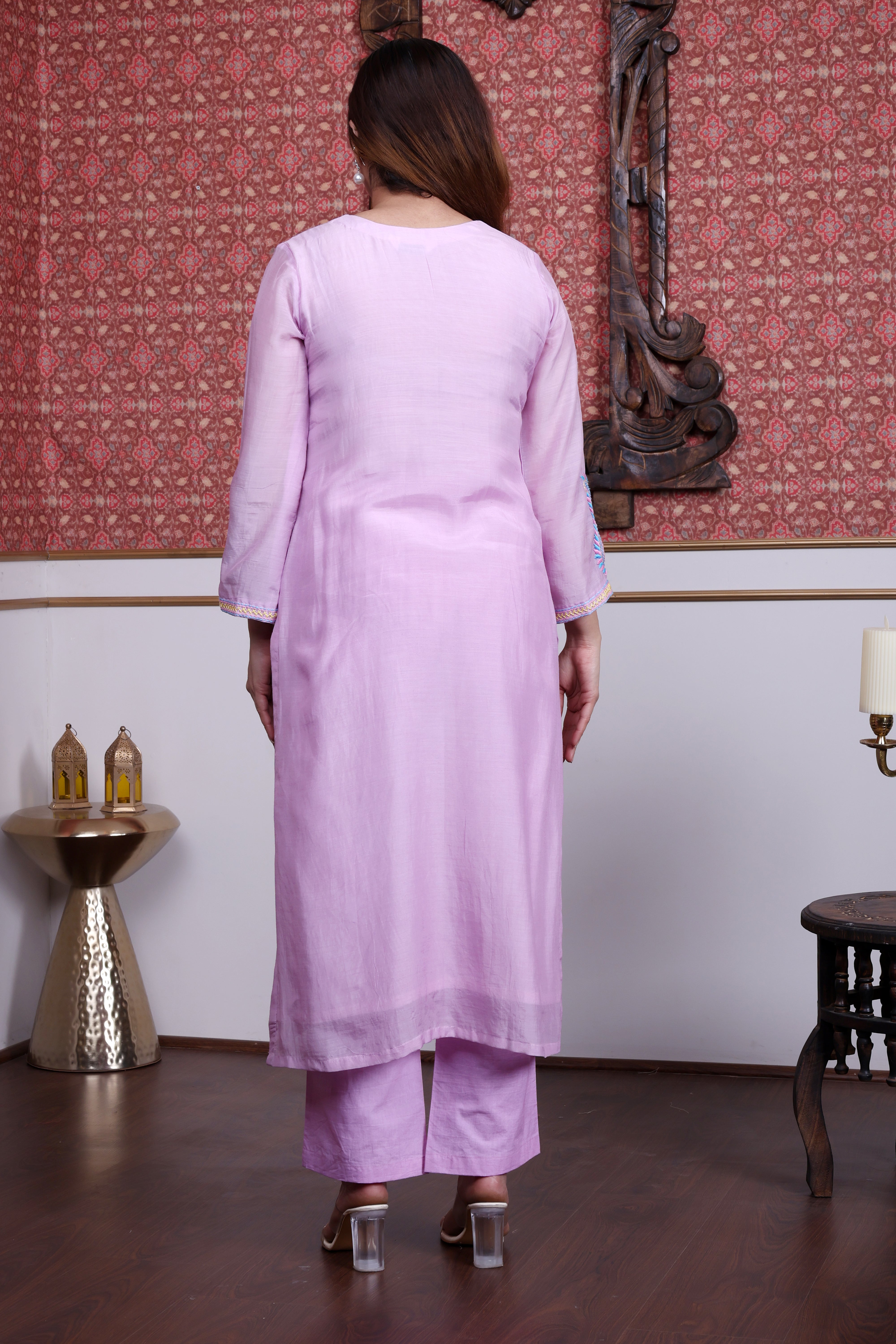 Mauve Mul Chanderi A-Line Kurta Set with Paisley Hand Embroidery