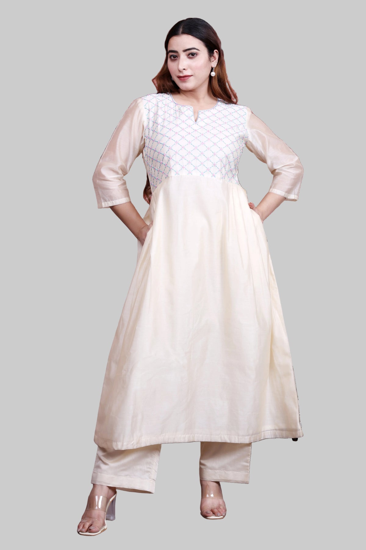 Off-White  Chanderi Angrakha Set with Hand Embroidery