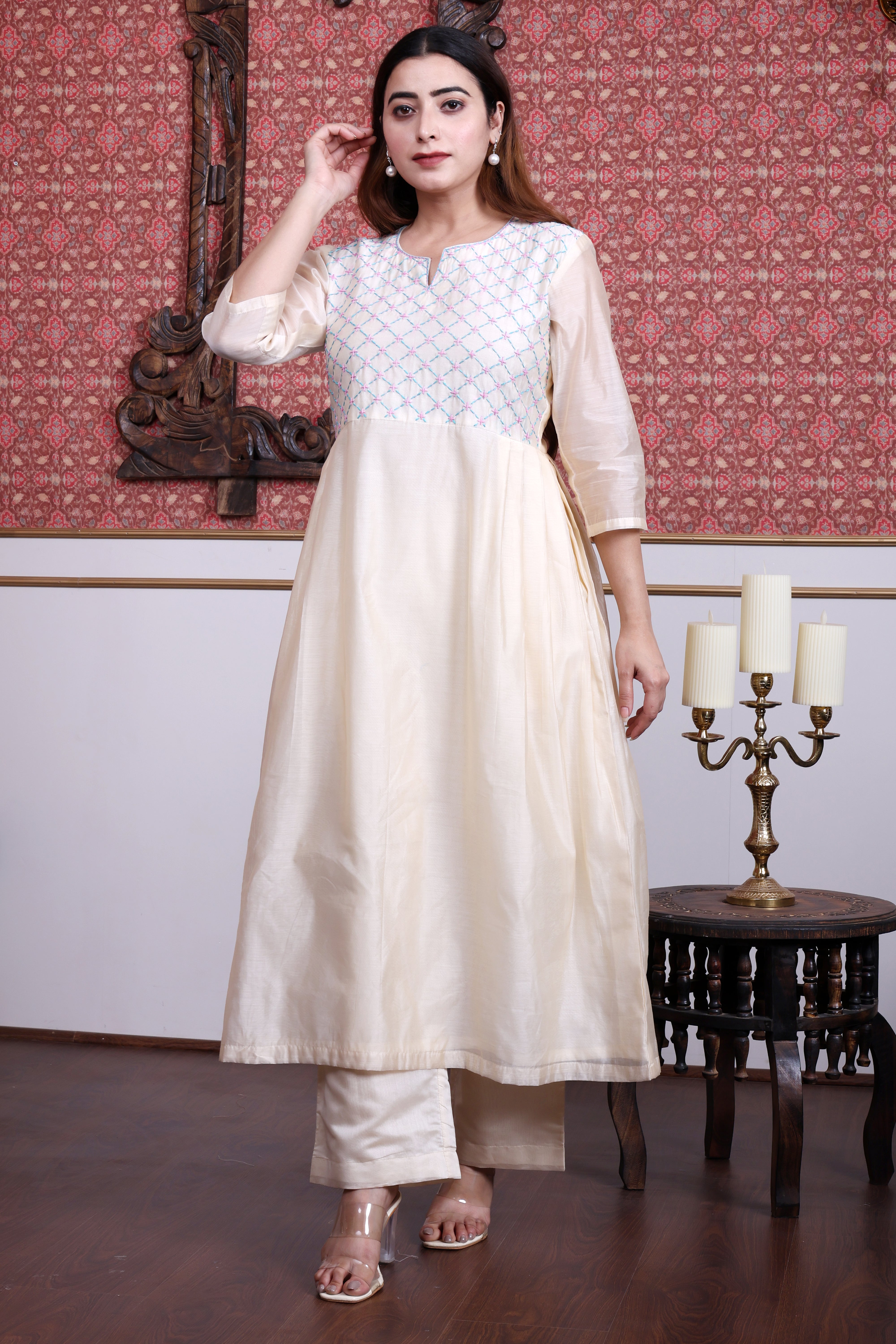 Off-White  Chanderi Angrakha Set with Hand Embroidery