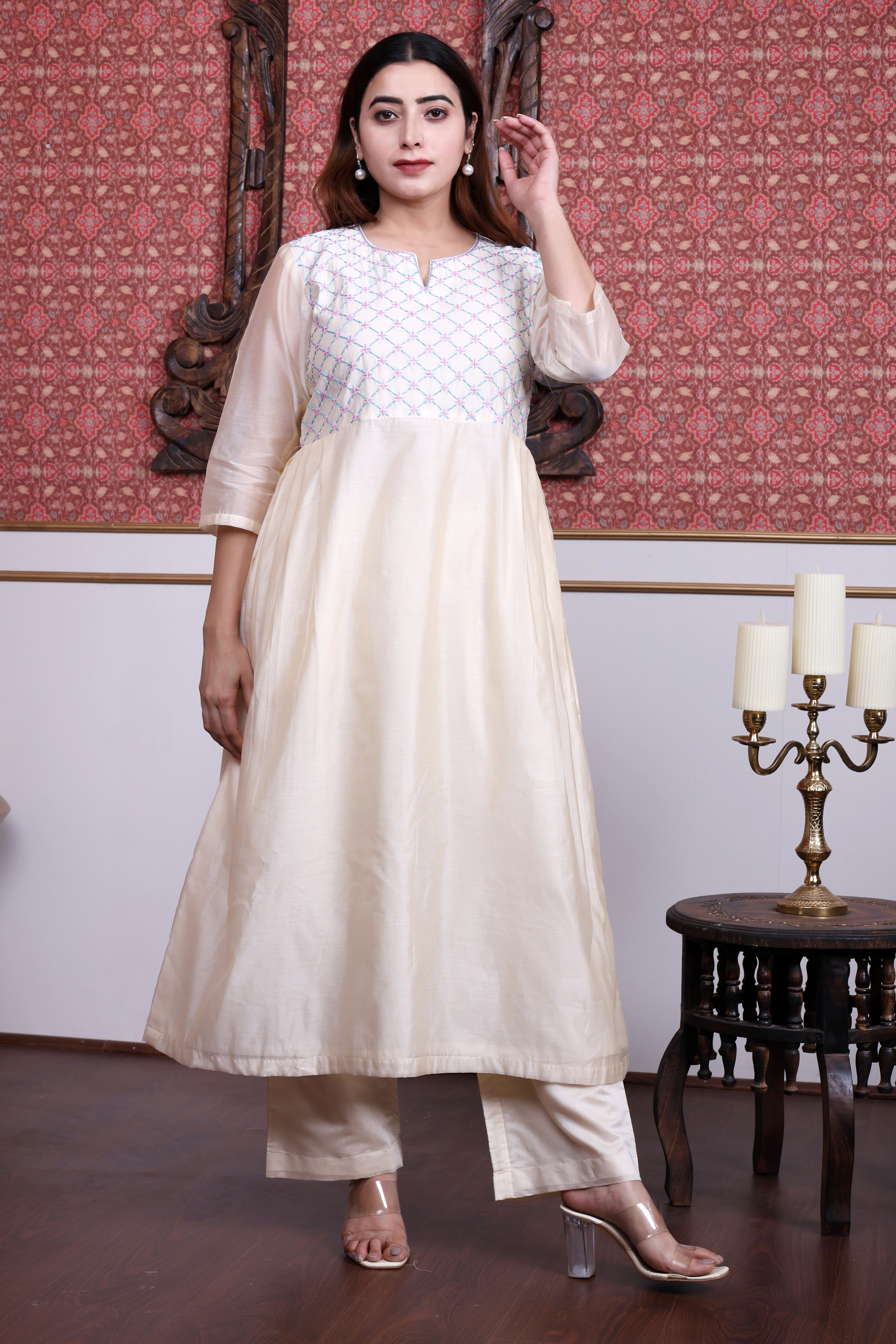 Off-White  Chanderi Angrakha Set with Hand Embroidery