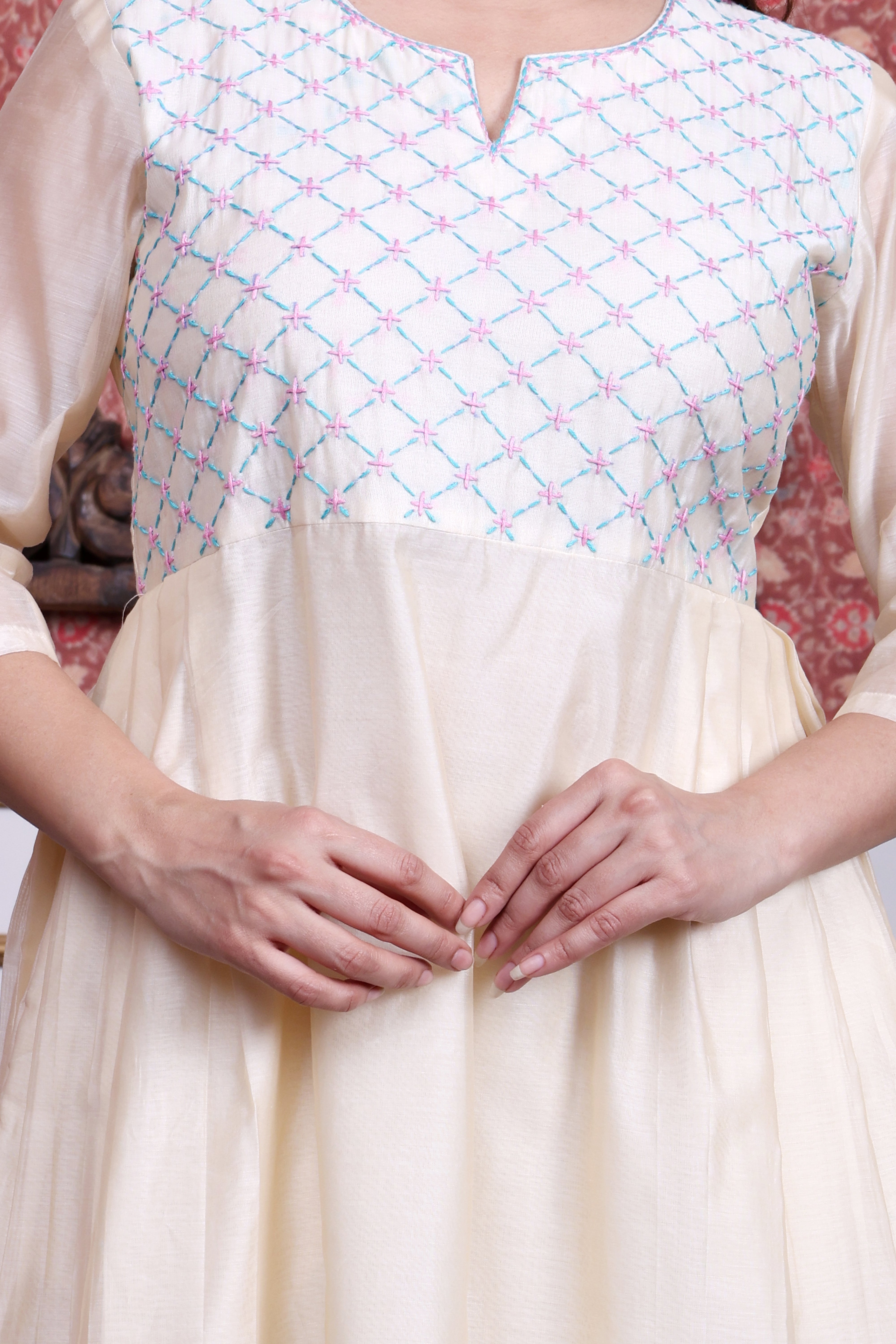 Off-White  Chanderi Angrakha Set with Hand Embroidery