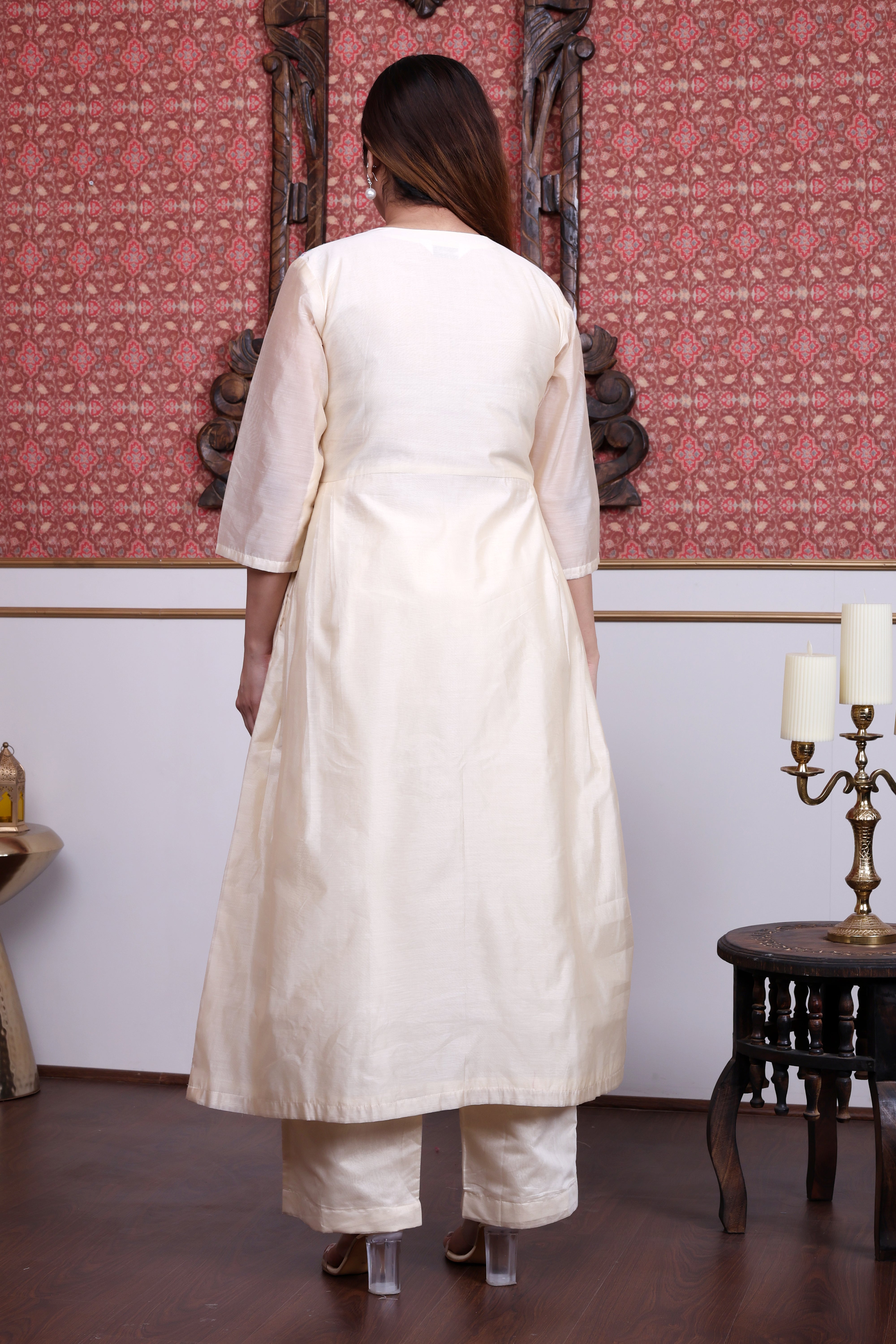 Off-White  Chanderi Angrakha Set with Hand Embroidery