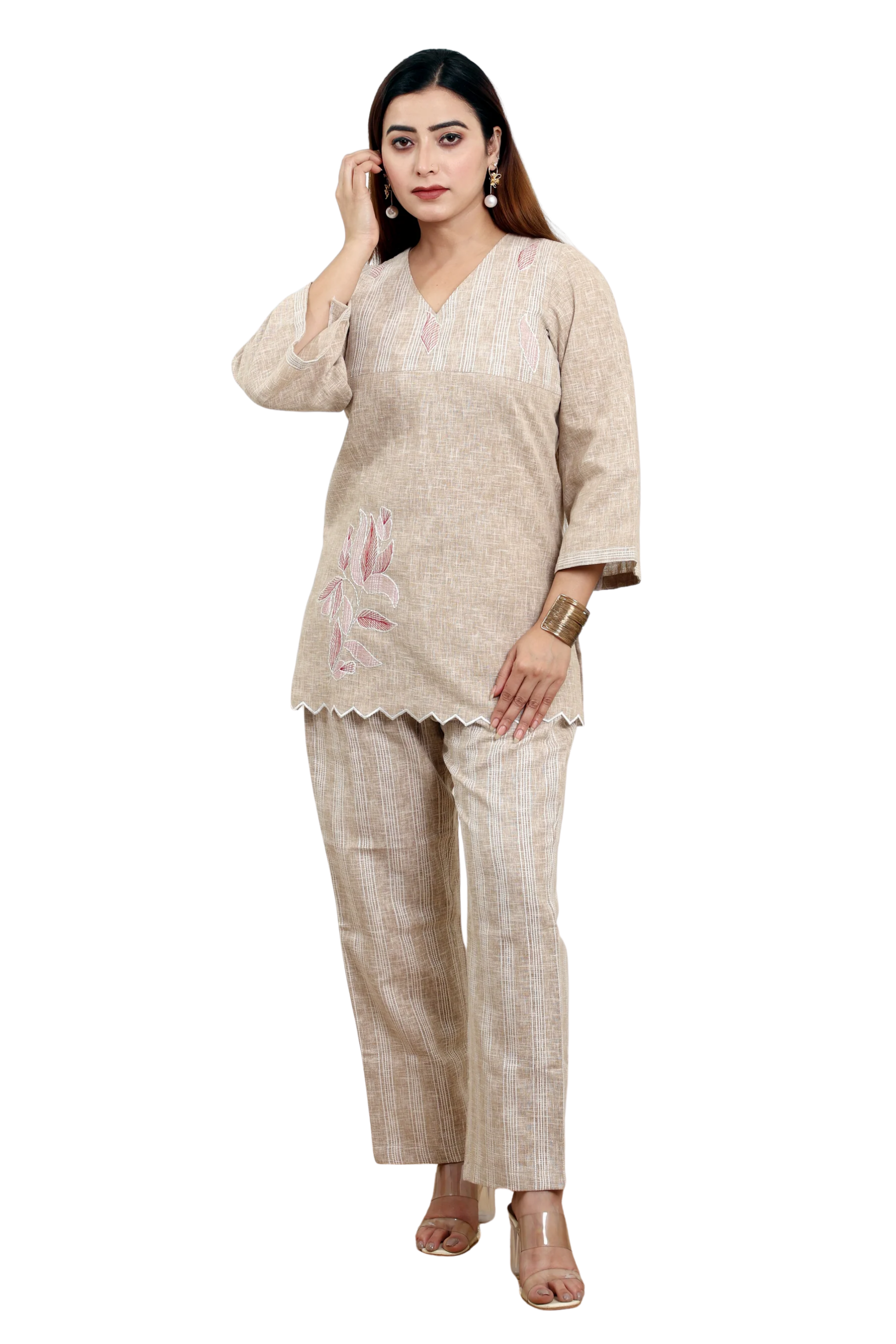 Beige Linen Blend Co-ord Set with Appliqué and Embroidery