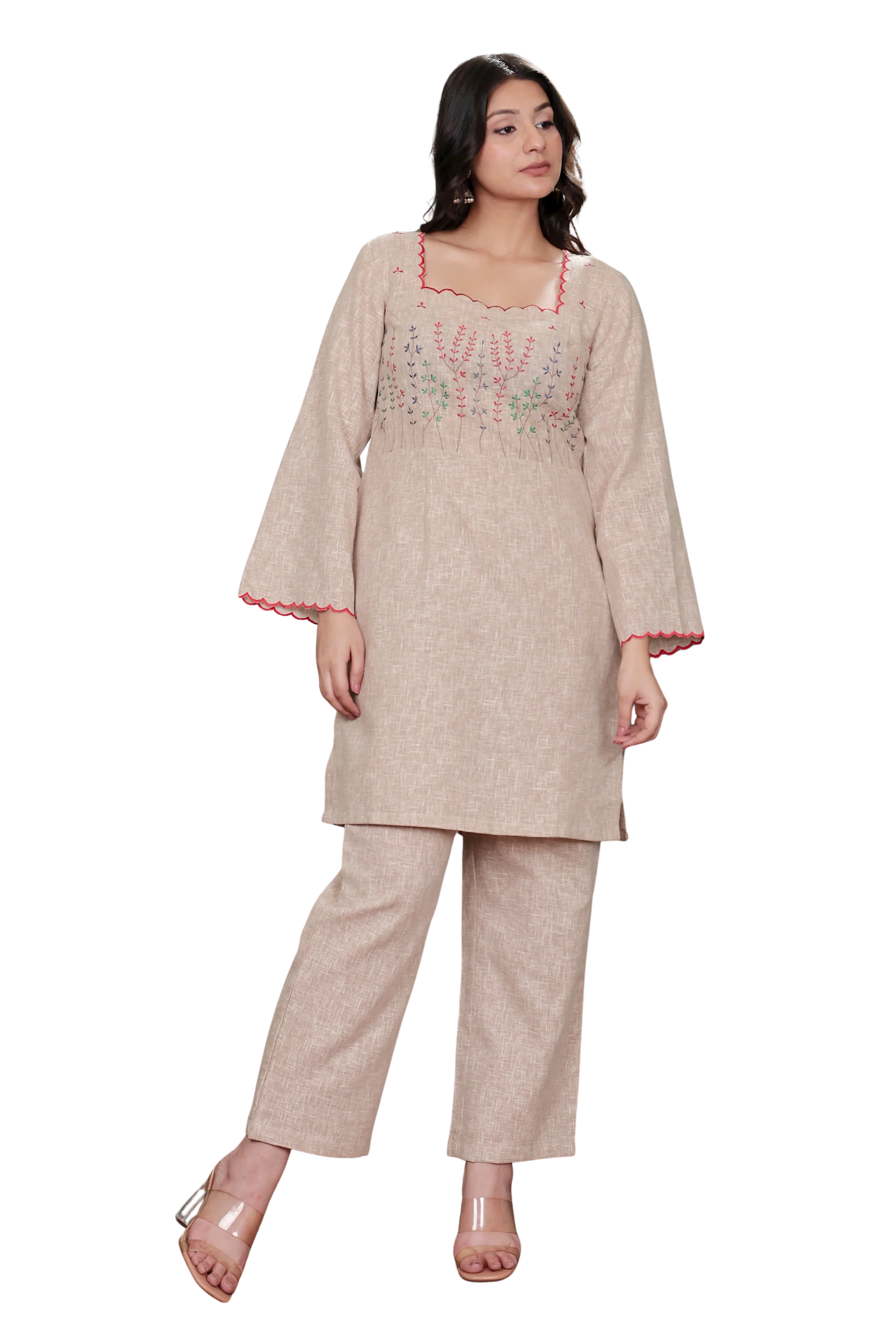 Beige Linen Blend Kurta Set with Floral Motif Embroidery