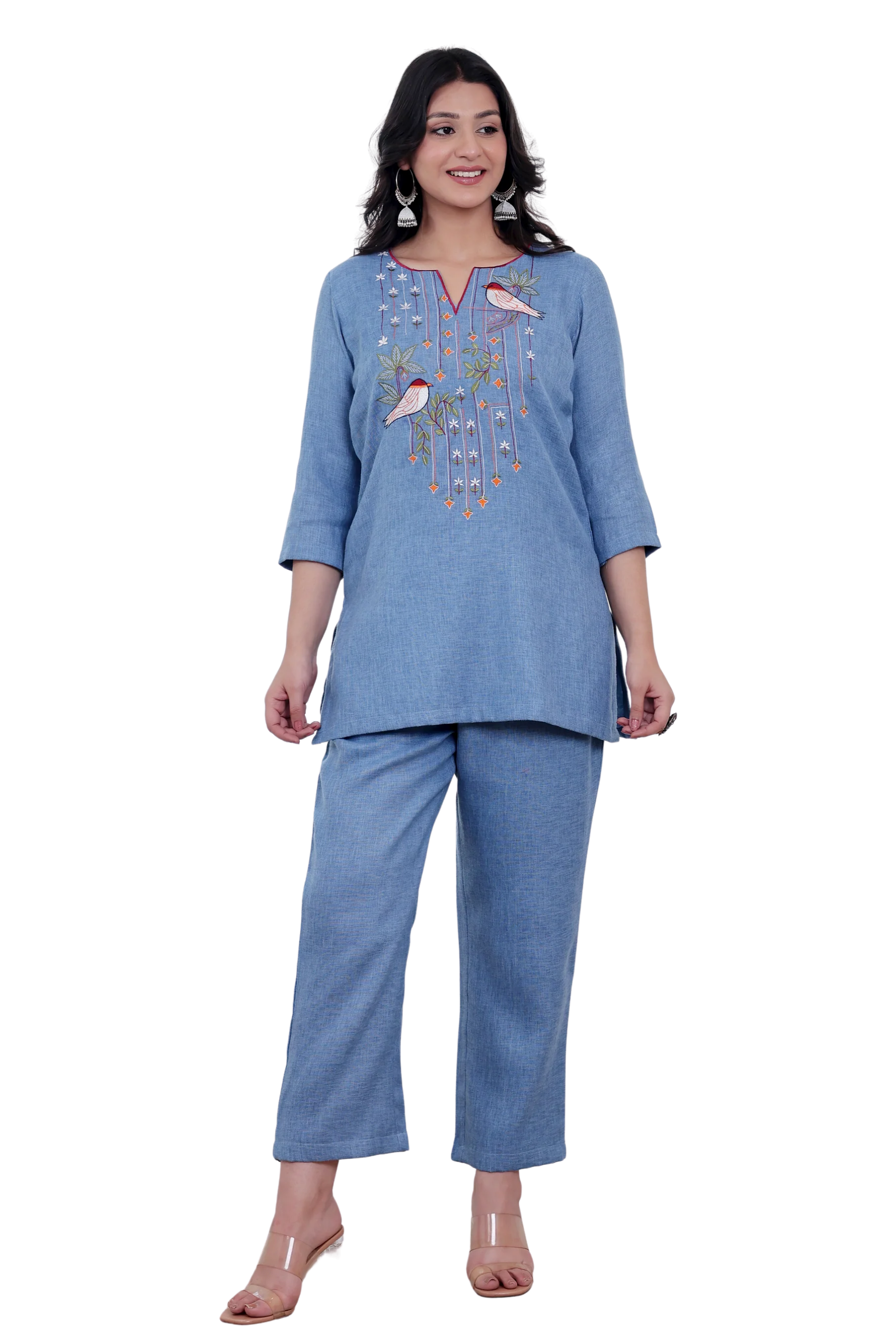 Blue Linen Blend Co-ord Set with Embroidery & Applique Work