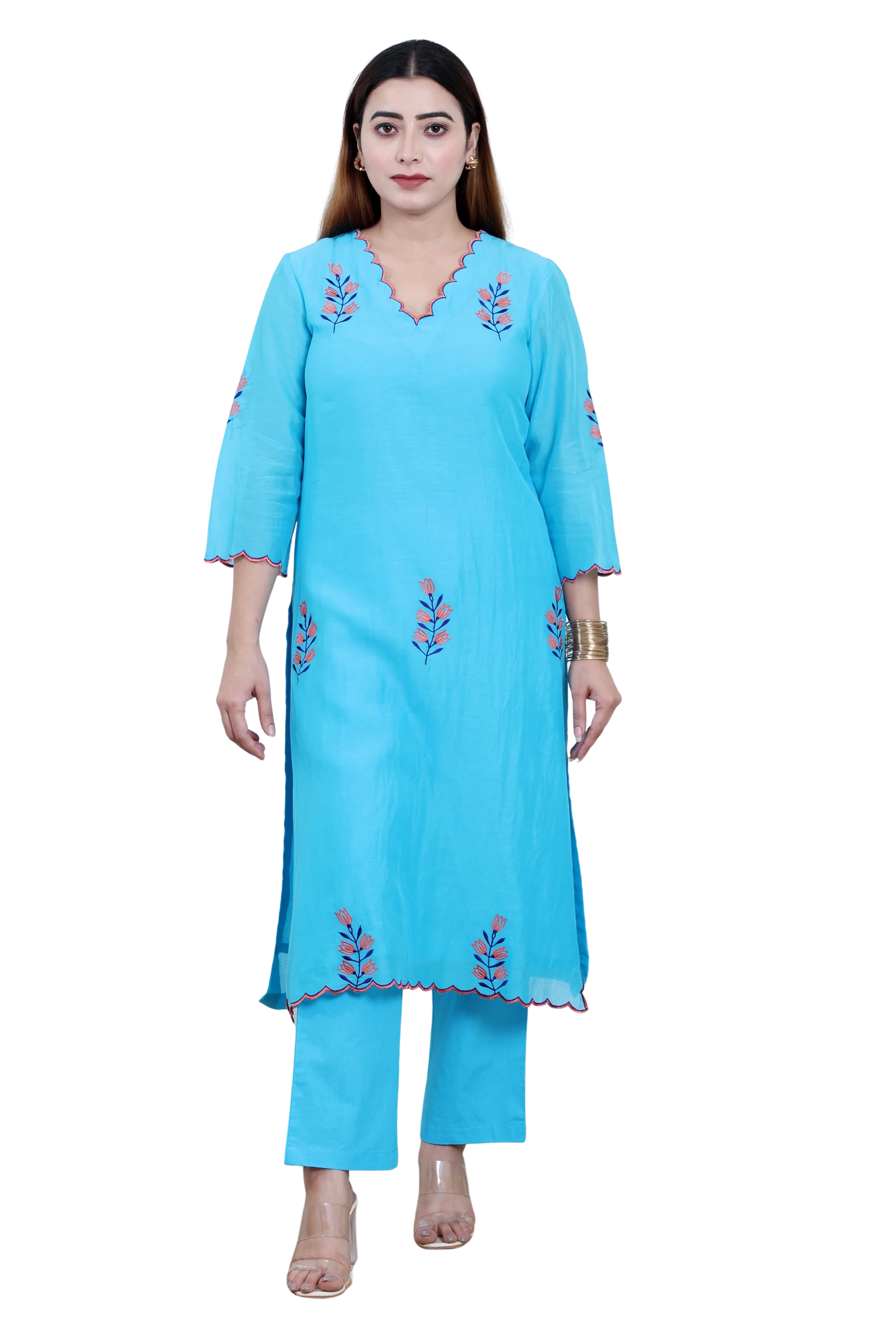 Blue Mul Chanderi Kurta Set with Poplin Pants and Floral Motifs