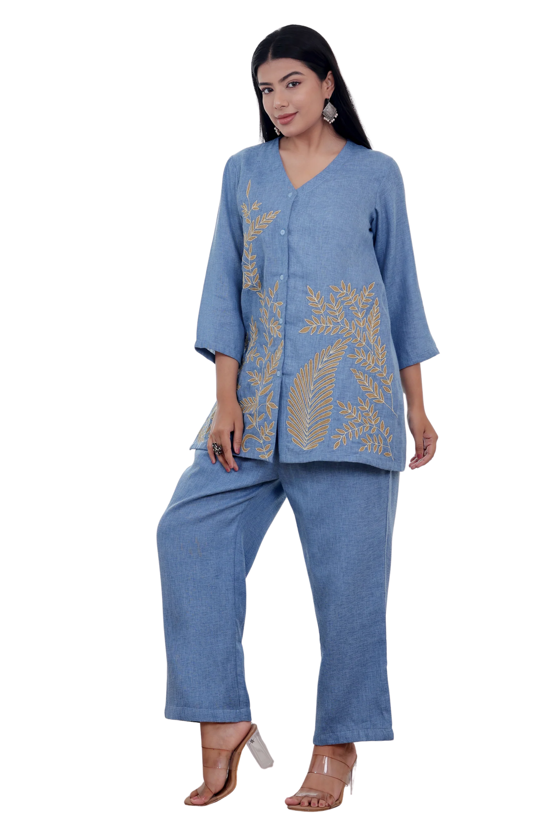 Blue with Beige Embroidery/Appliqué Work Co-ord Set