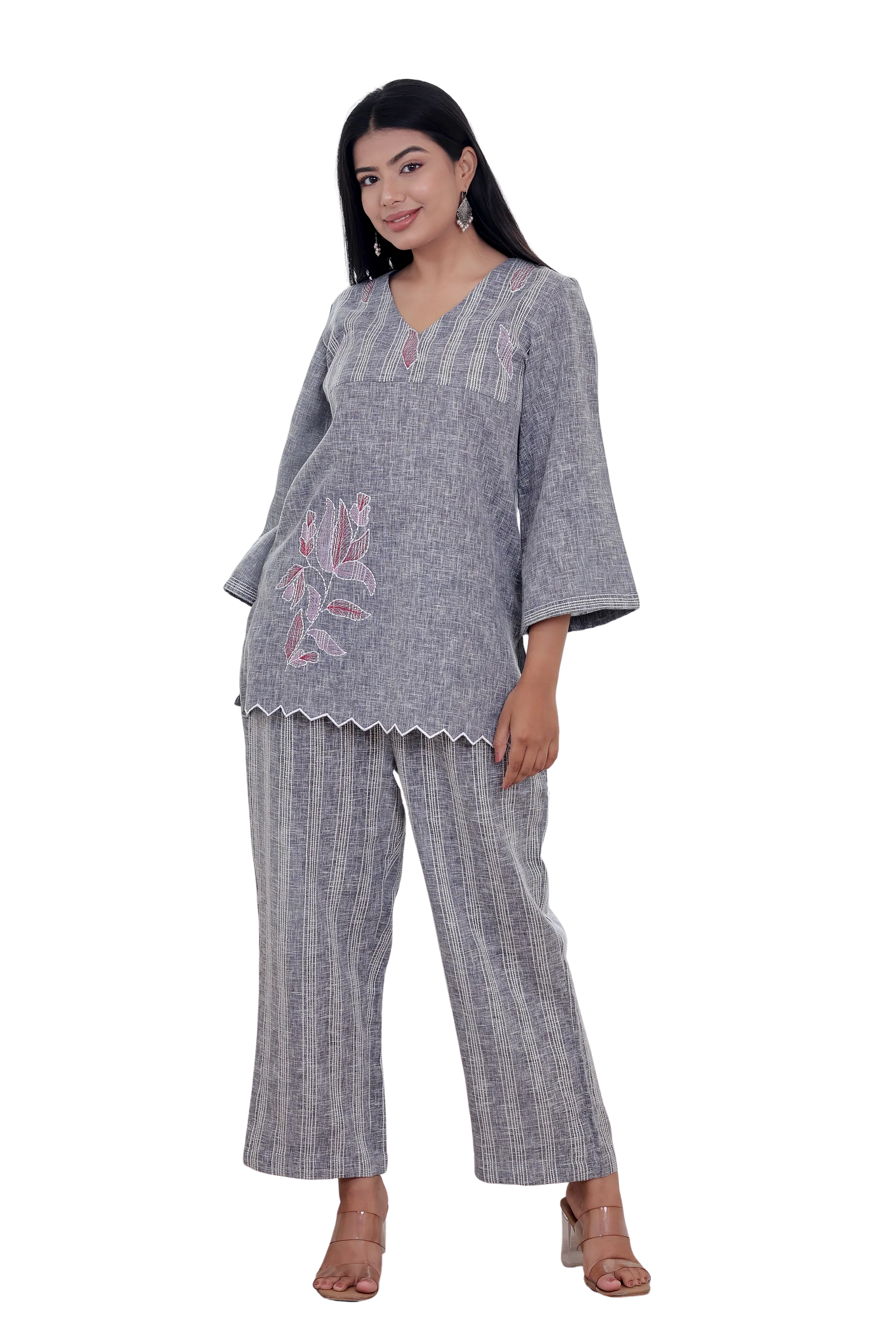Bluish Grey Linen Blend Co-ord Set with Embroidery