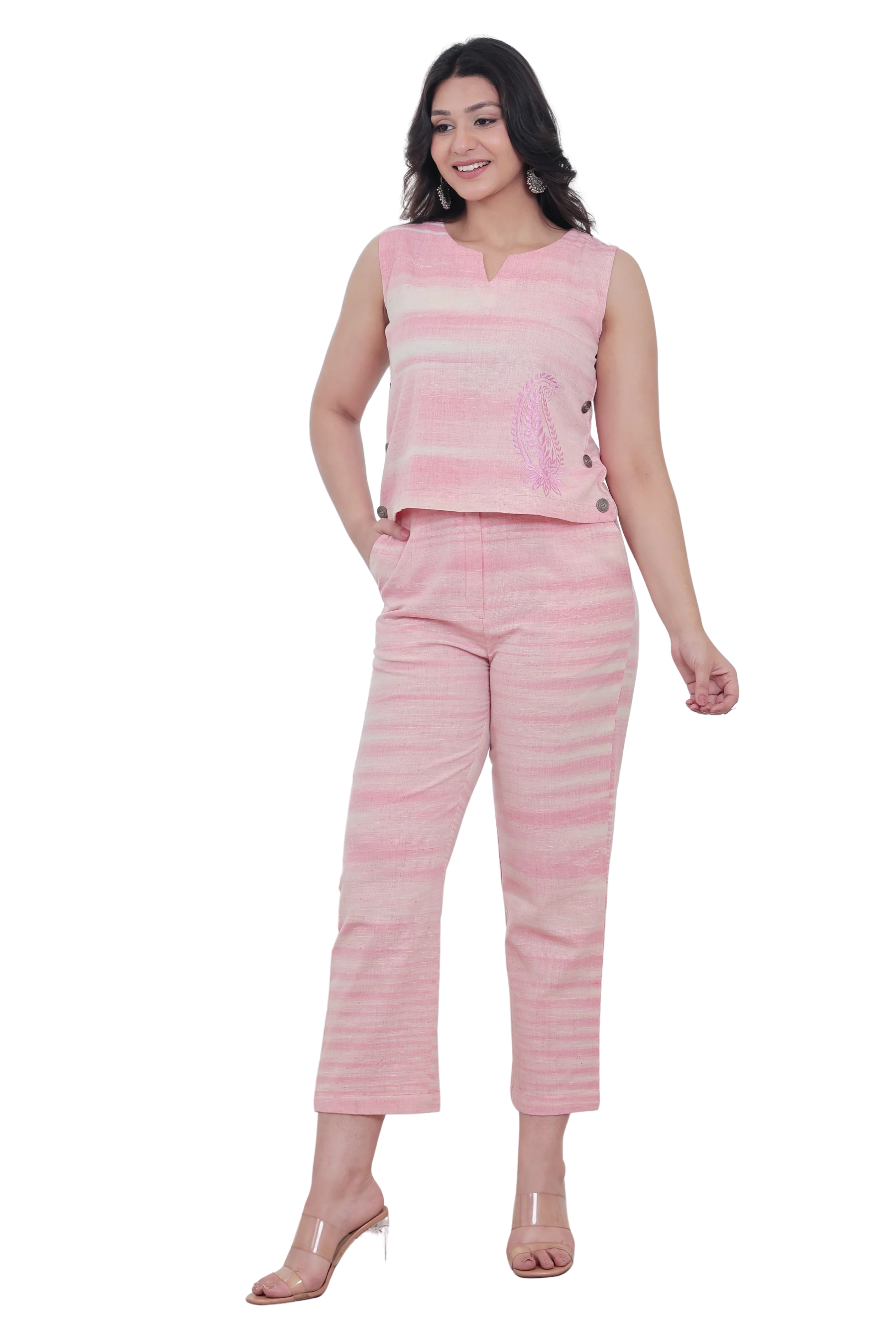 Blush Pink Handwoven Khadi Co-ord Set with Tonal Embroidery & Metallic Buttons