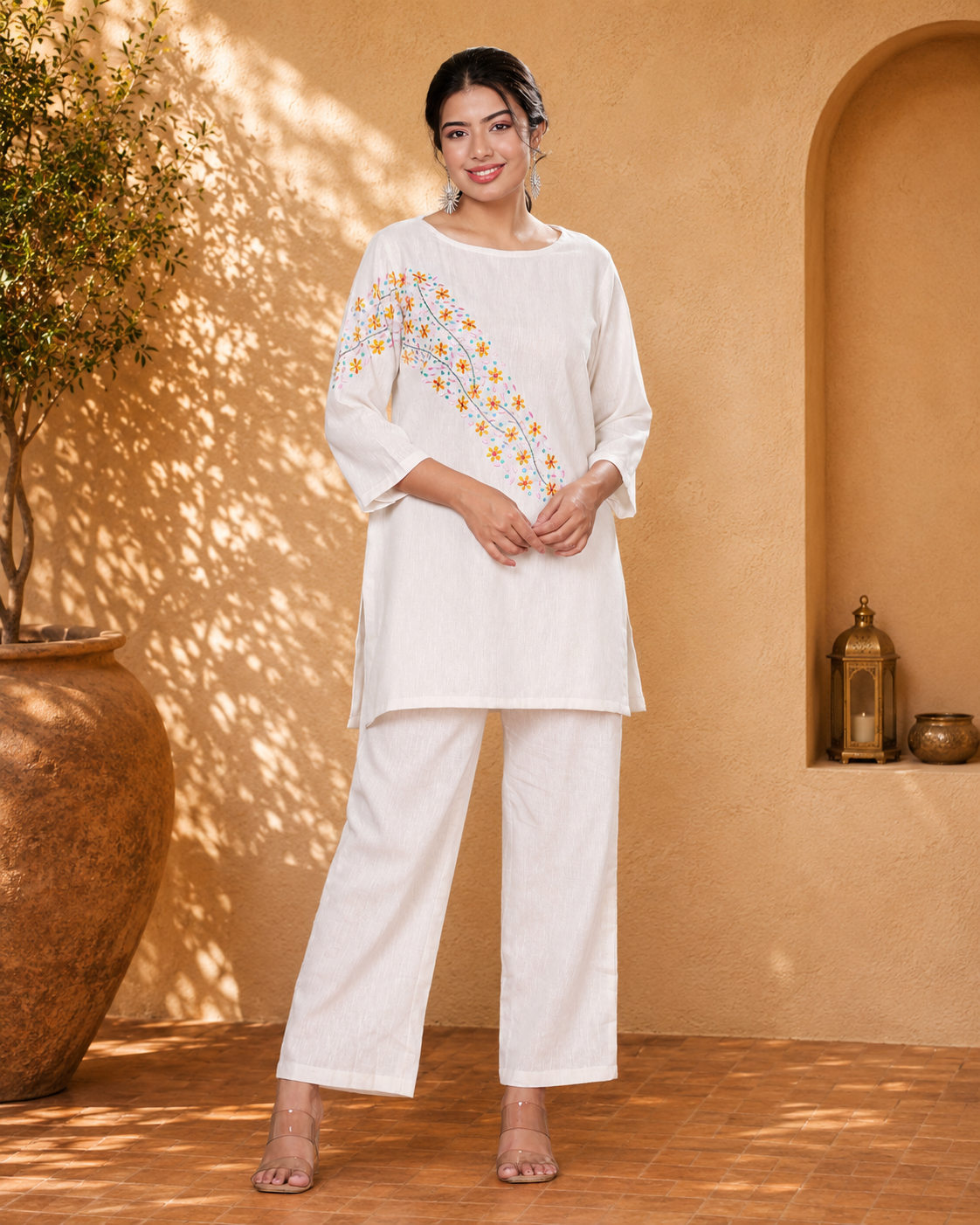 Off White Cotton Blend Tunic with Floral Motif Embroidery