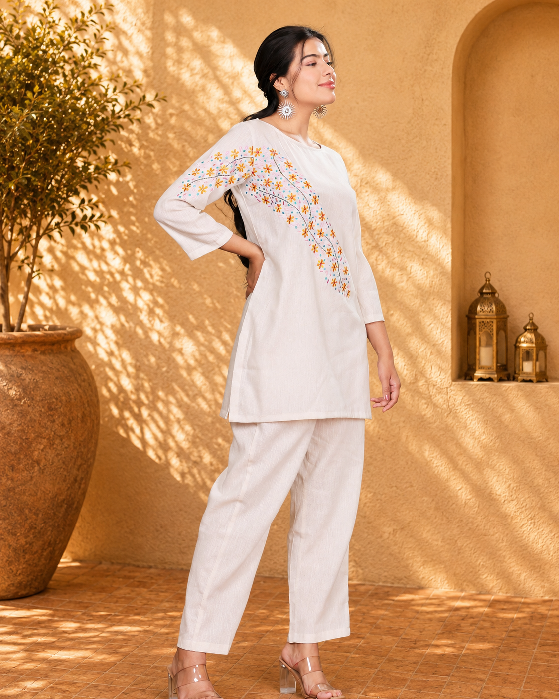 Off White Cotton Blend Tunic with Floral Motif Embroidery