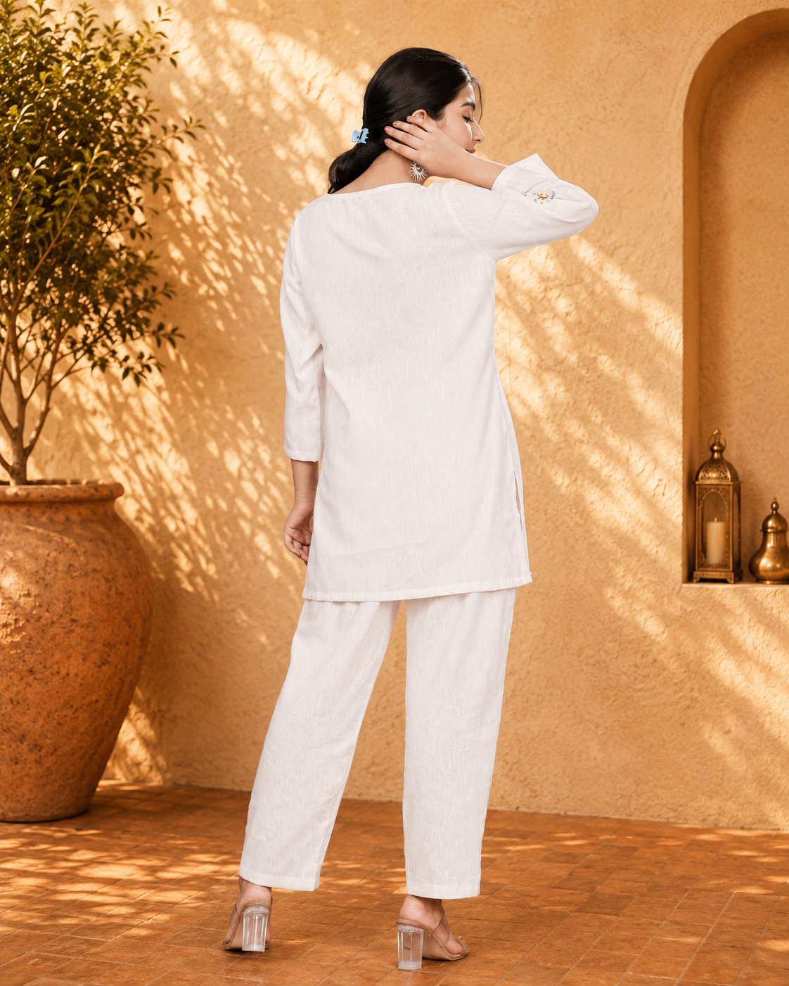 Off White Cotton Blend Tunic with Floral Motif Embroidery