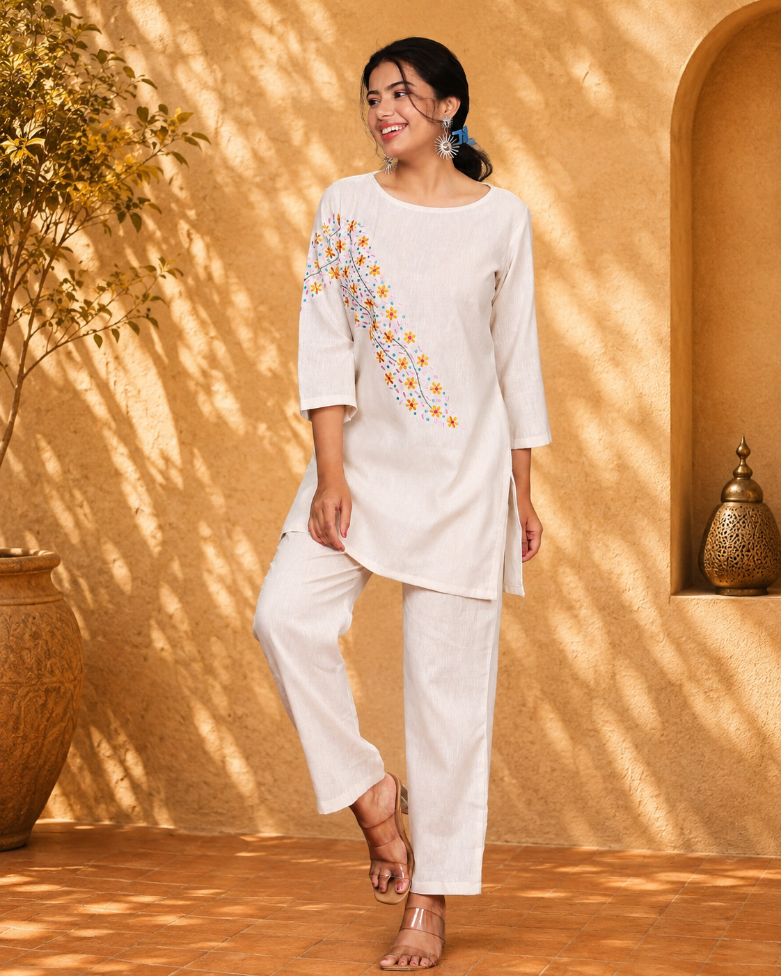 Off White Cotton Blend Tunic with Floral Motif Embroidery