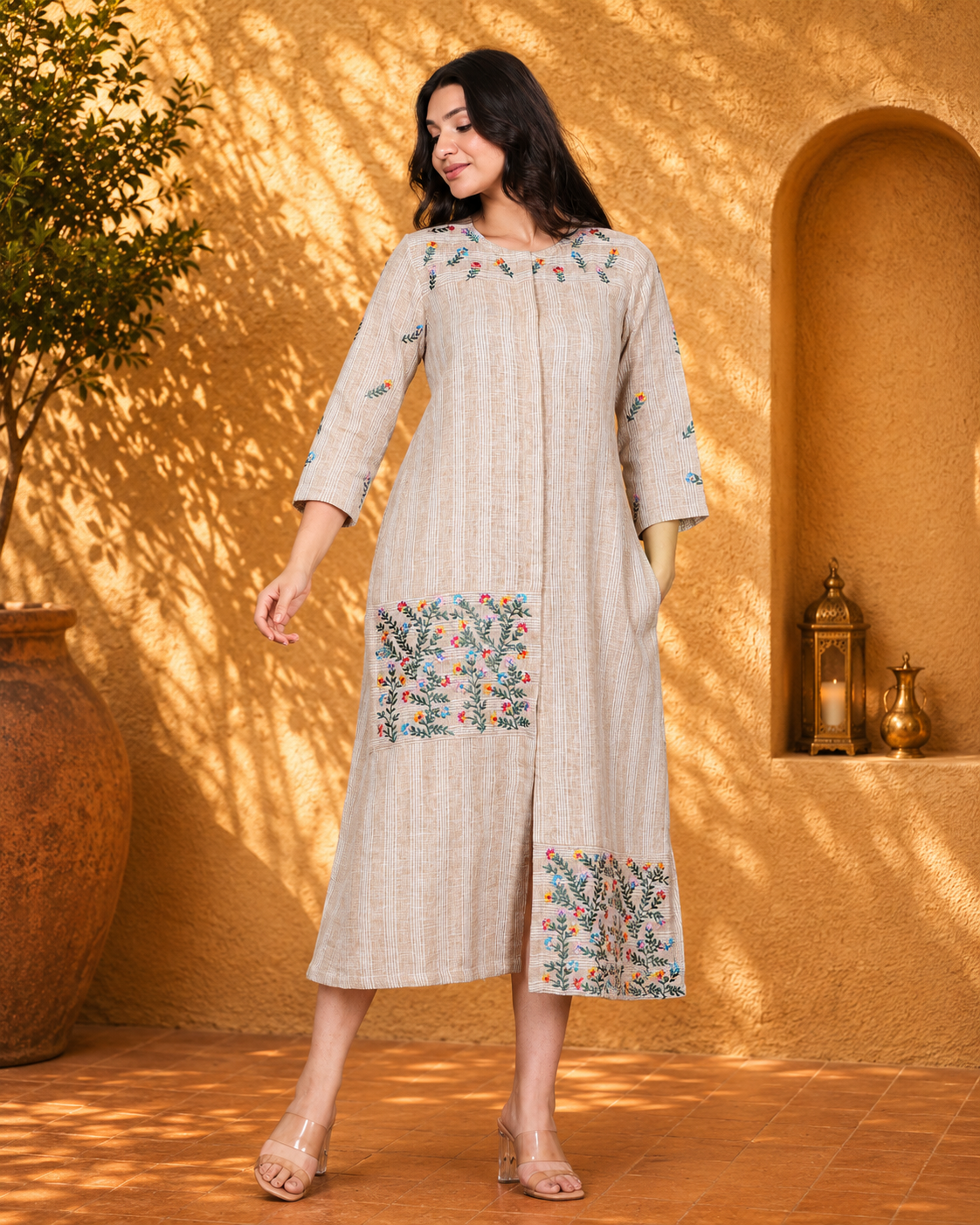 Beige Linen Blend Long Dress with Floral Motif Embroidery