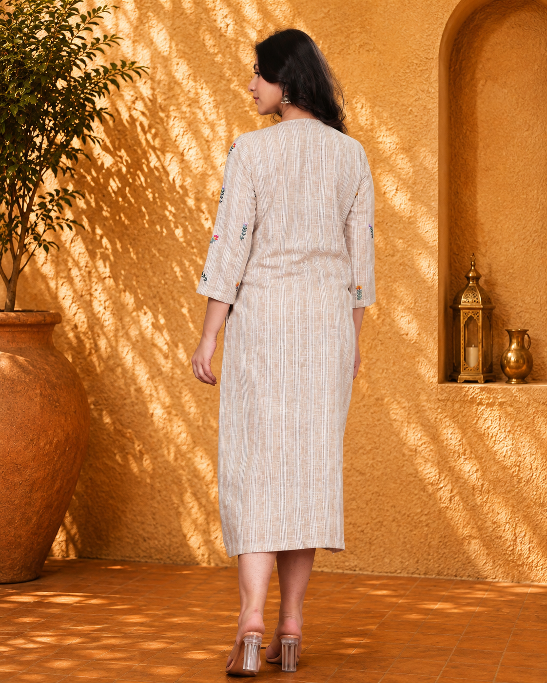 Beige Linen Blend Long Dress with Floral Motif Embroidery