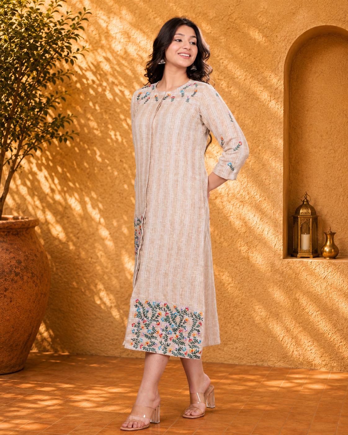 Beige Linen Blend Long Dress with Floral Motif Embroidery