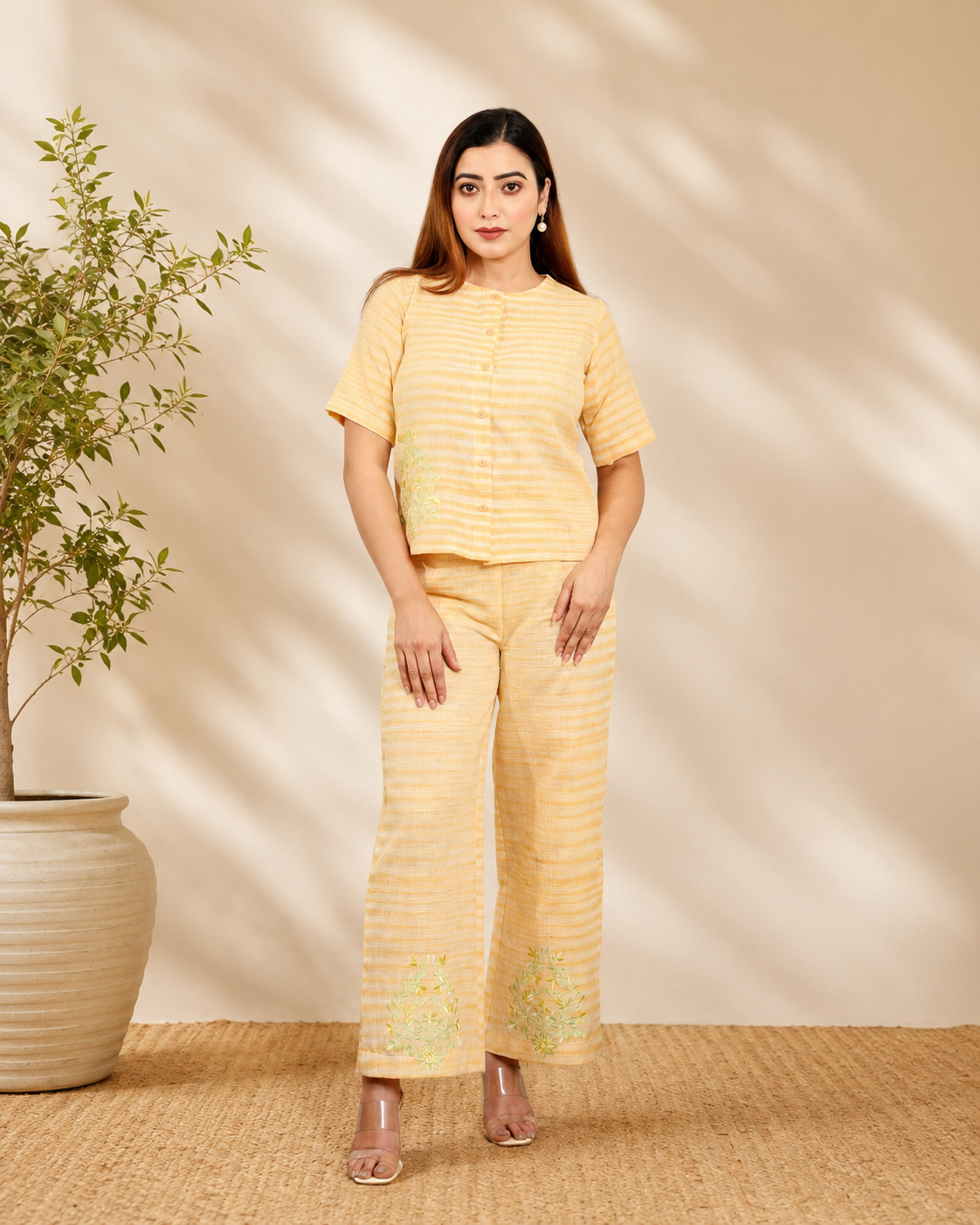 Butter Yellow Striped Khadi Co-ord Set with Embroidery