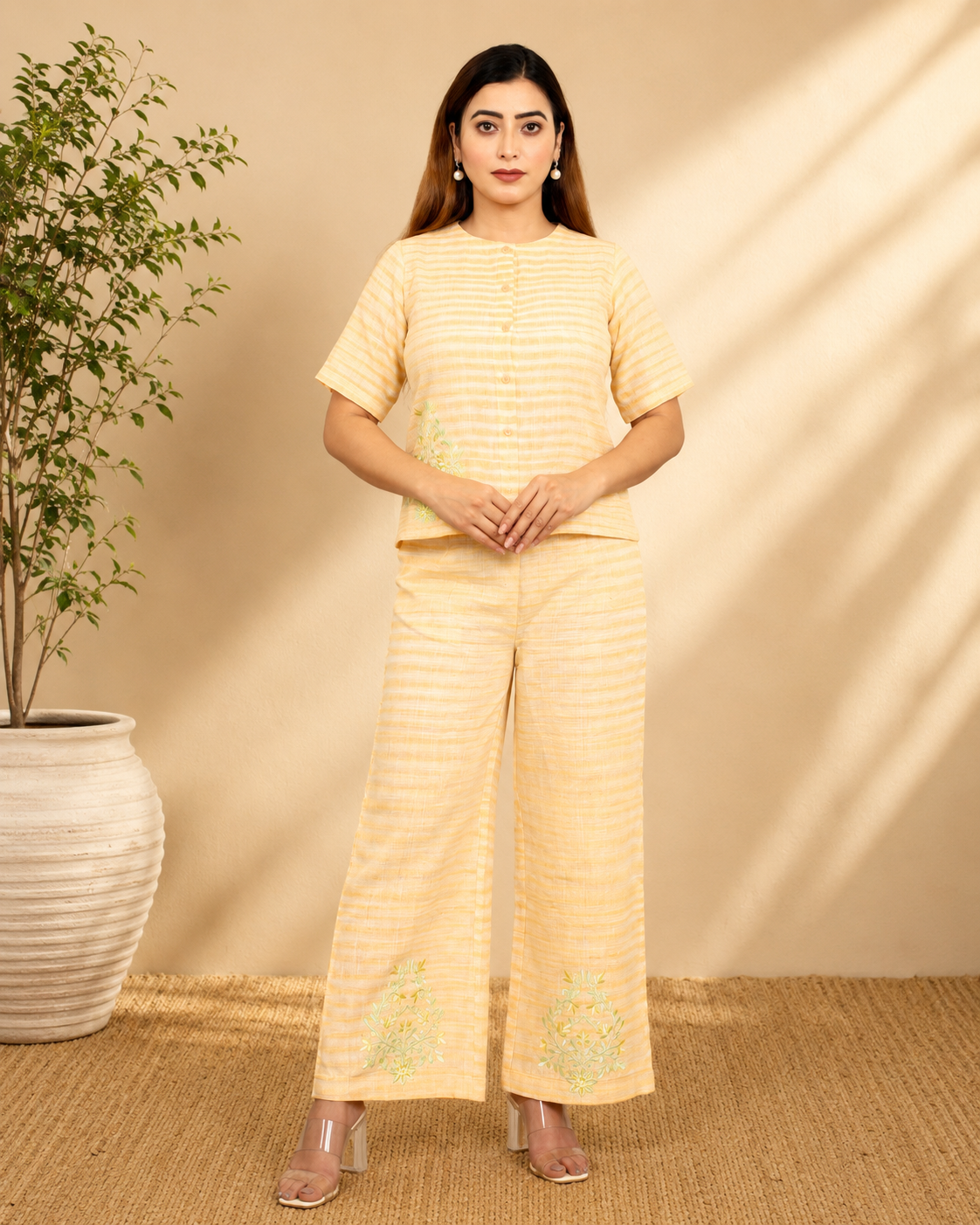 Butter Yellow Striped Khadi Co-ord Set with Embroidery