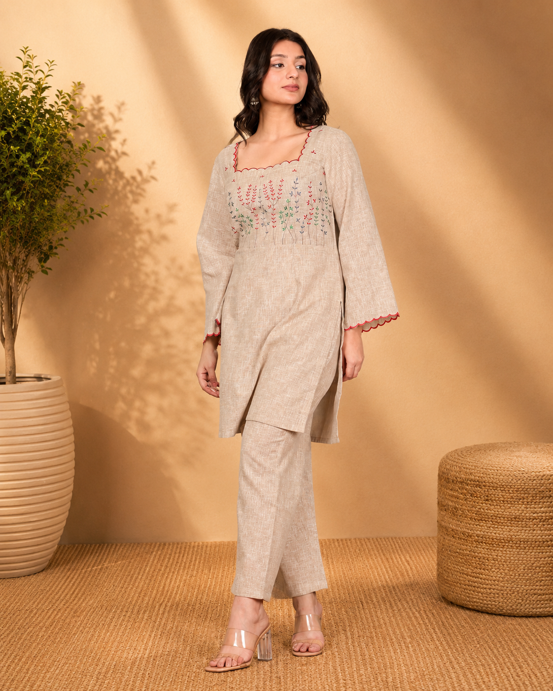 Beige Linen Blend Kurta Set with Floral Motif Embroidery